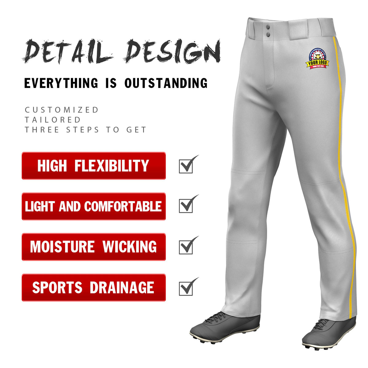 Custom Gray Gold01 Classic Fit Stretch Practice Loose-fit Baseball Pants