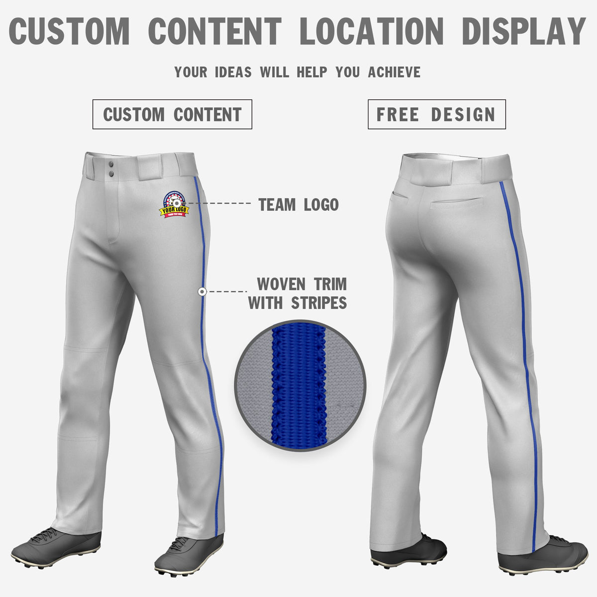 Custom Gray Royal Blue Classic Fit Stretch Practice Loose-fit Baseball Pants