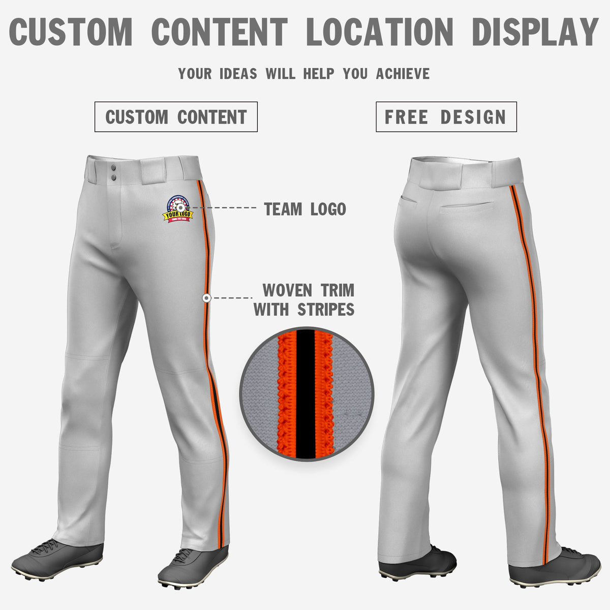 Custom Gray Orange-Black-Orange Classic Fit Stretch Practice Loose-fit Baseball Pants