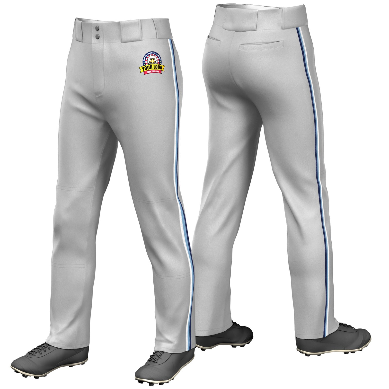 Custom Gray White-Light Blue-Navy Classic Fit Stretch Practice Loose-fit Baseball Pants