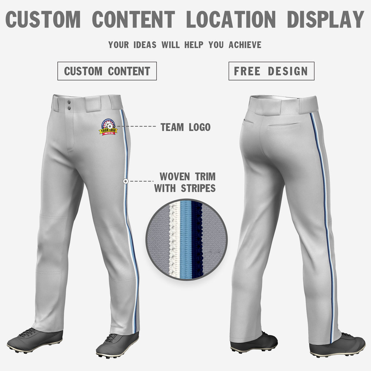 Custom Gray White-Light Blue-Navy Classic Fit Stretch Practice Loose-fit Baseball Pants