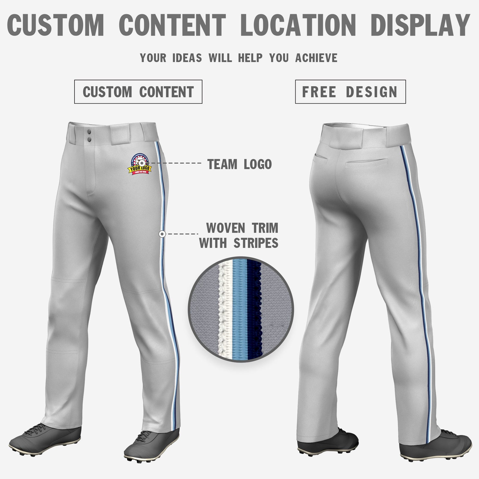 Custom Gray White-Light Blue-Navy Classic Fit Stretch Practice Loose-fit Baseball Pants