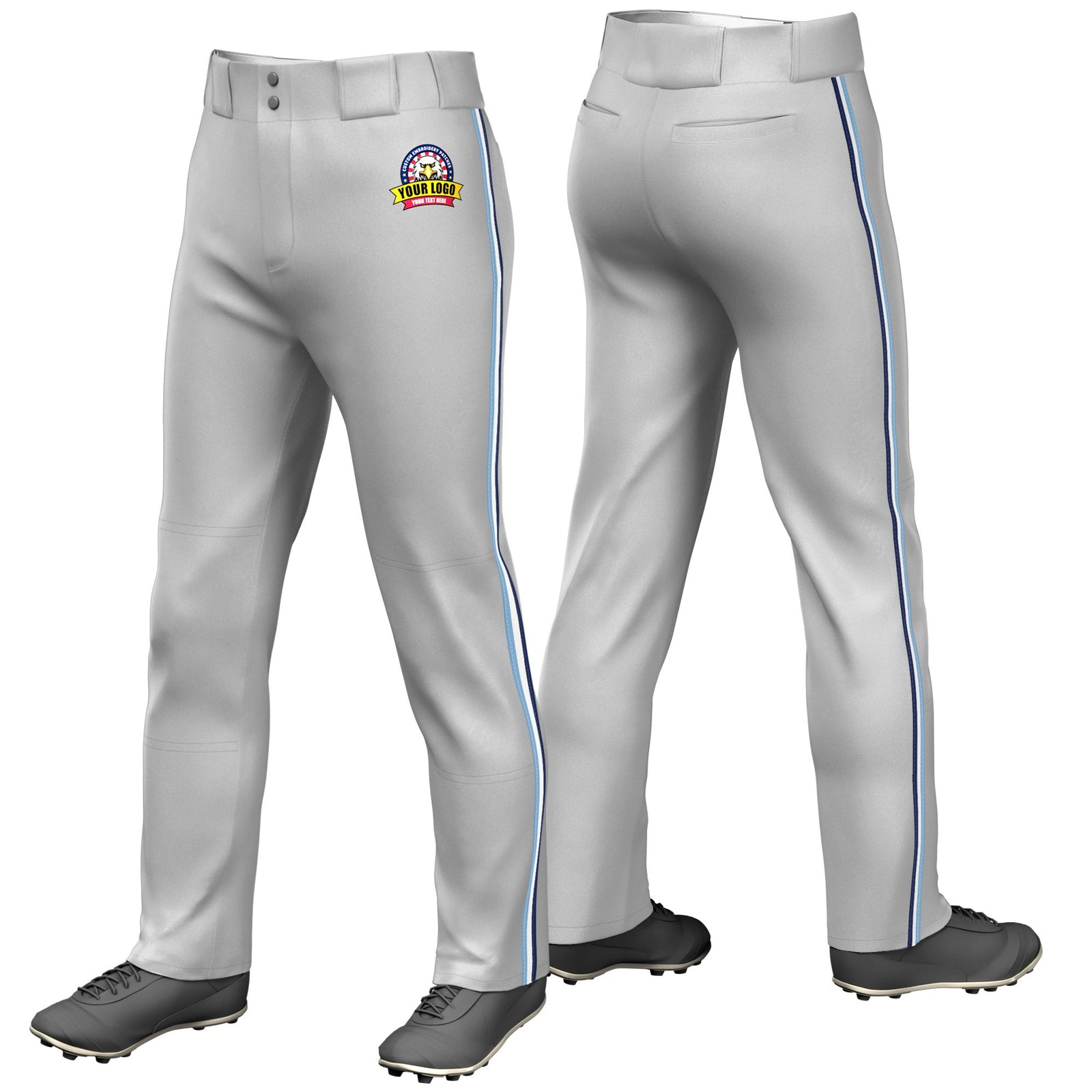 Custom Gray Light Blue-White-Navy Classic Fit Stretch Practice Loose-fit Baseball Pants