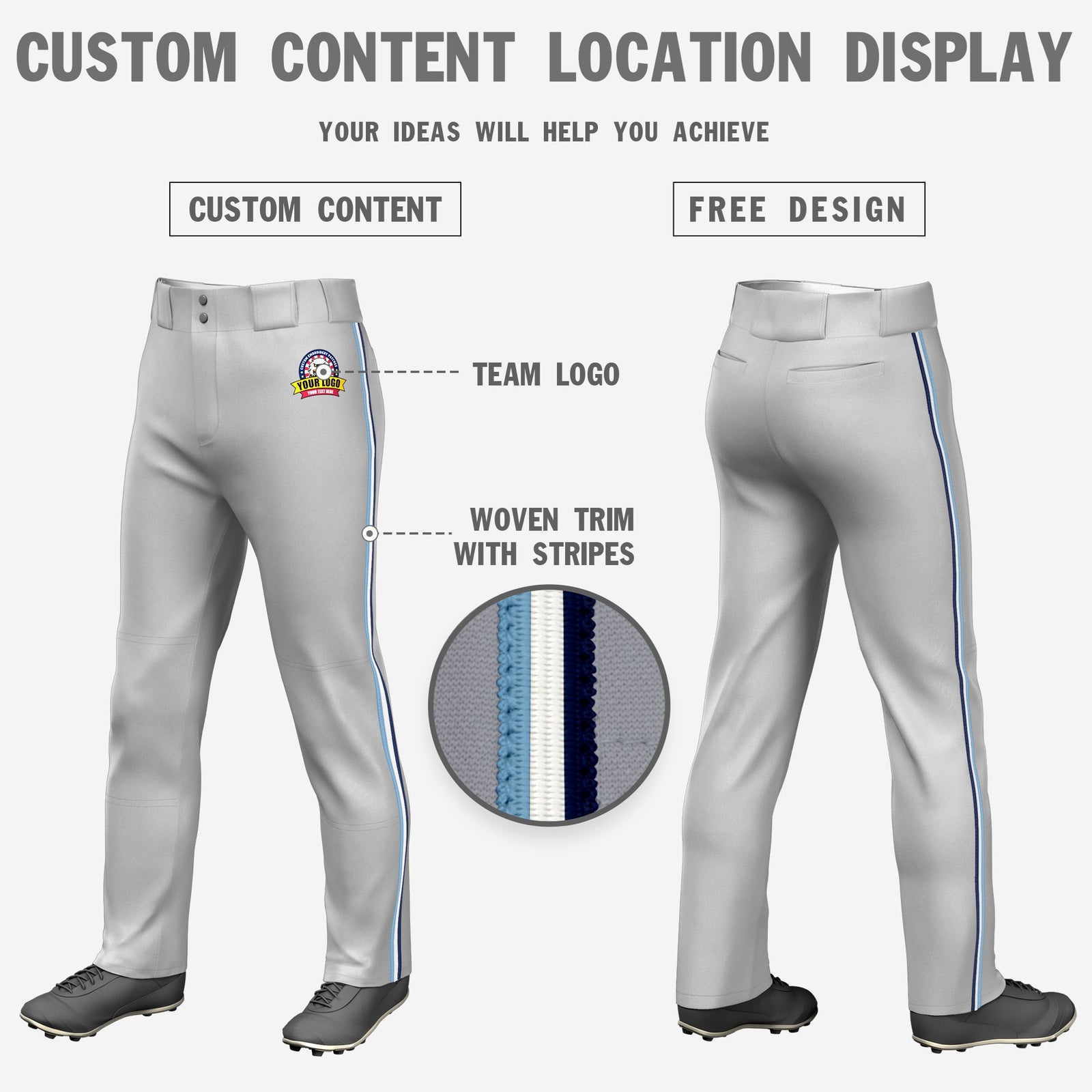 Custom Gray Light Blue-White-Navy Classic Fit Stretch Practice Loose-fit Baseball Pants