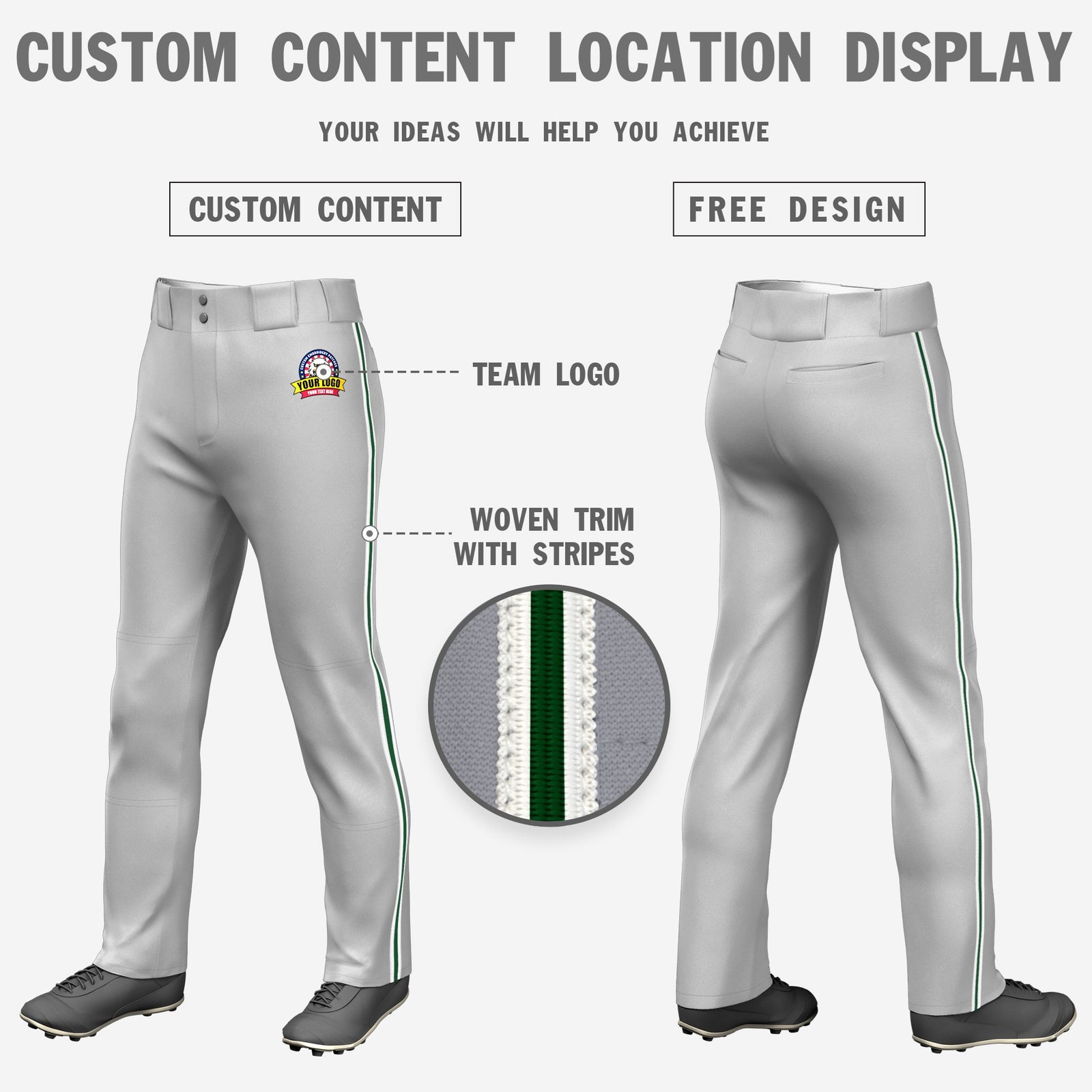 Custom Gray White-Green-White Classic Fit Stretch Practice Loose-fit Baseball Pants