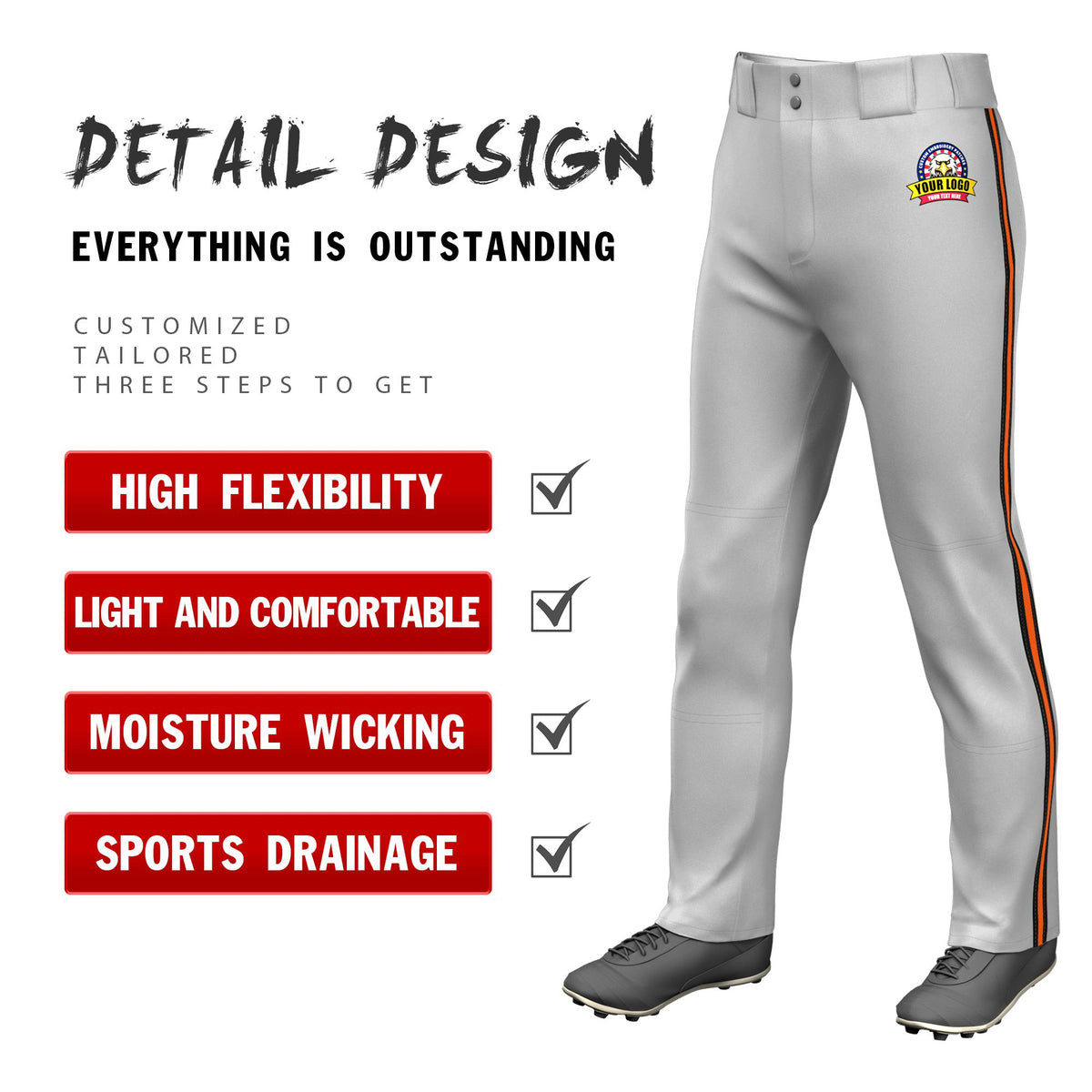 Custom Gray Black-Orange-Black Classic Fit Stretch Practice Loose-fit Baseball Pants