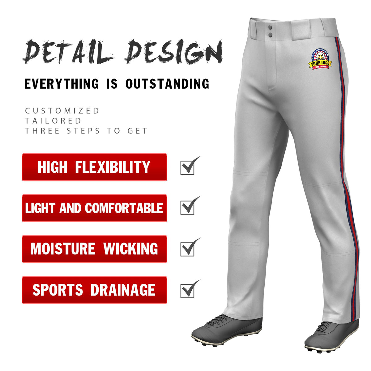 Custom Gray Navy-Red-Navy Classic Fit Stretch Practice Loose-fit Baseball Pants