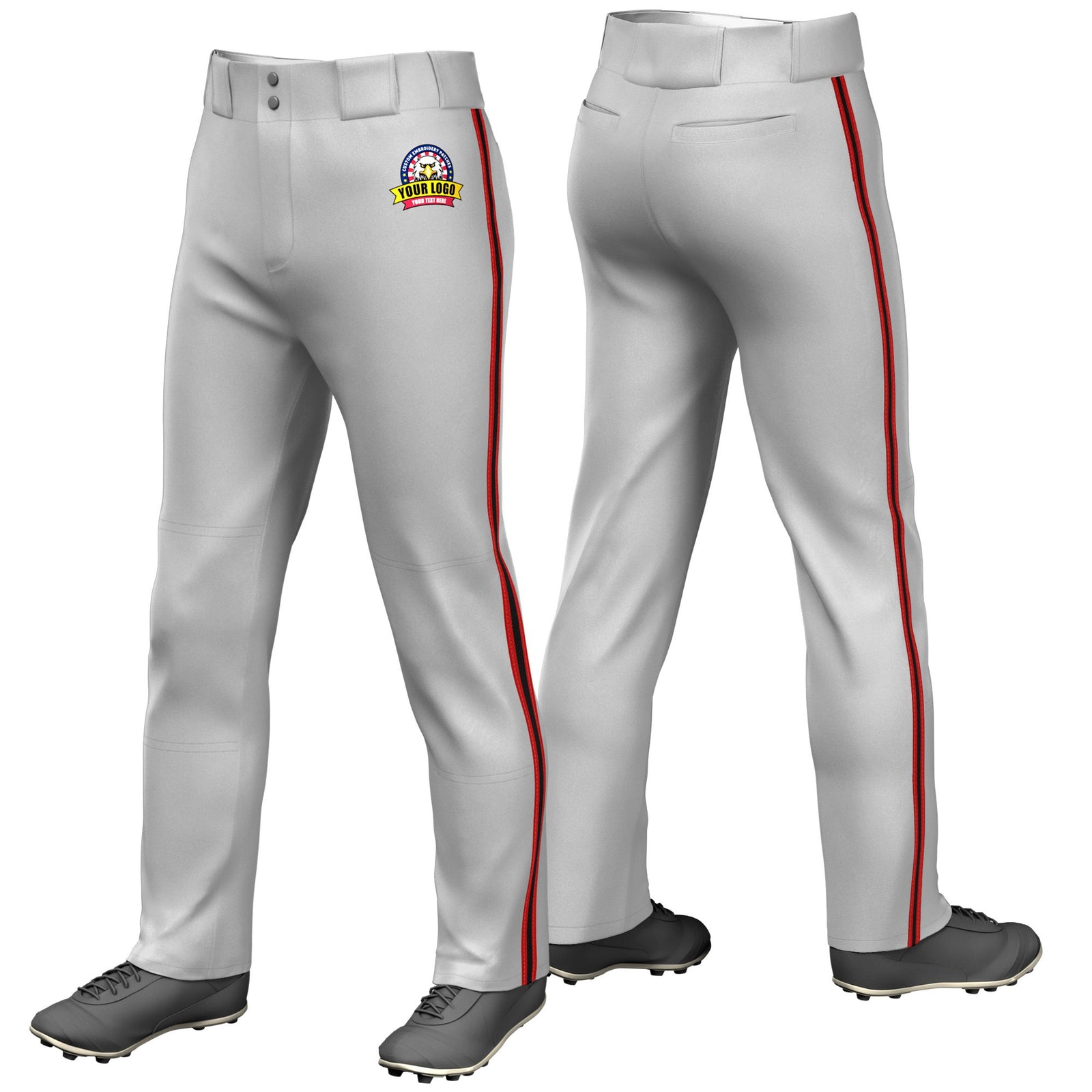 Custom Gray Red-Black-Red Classic Fit Stretch Practice Loose-fit Baseball Pants