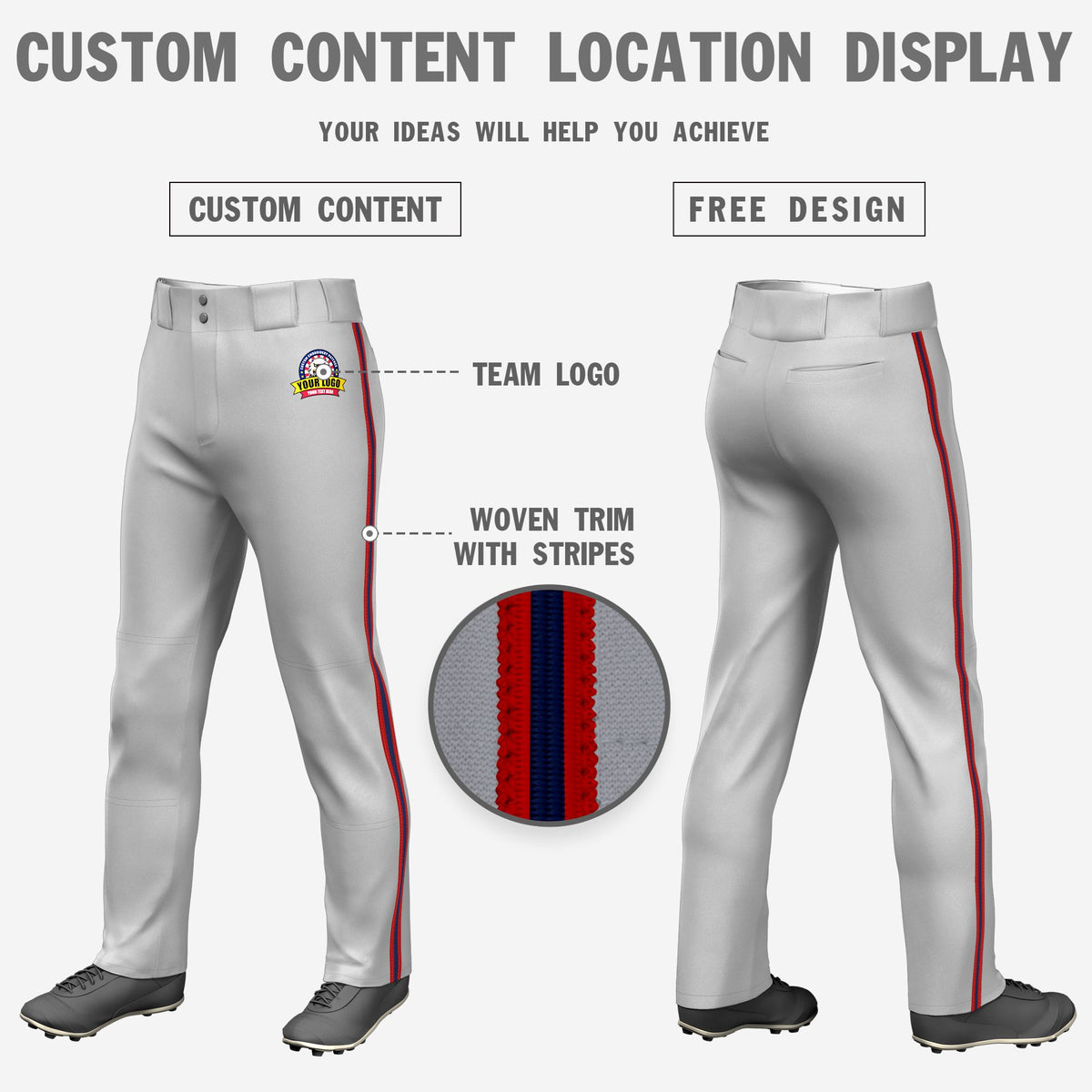 Custom Gray Red-Navy-Red Classic Fit Stretch Practice Loose-fit Baseball Pants
