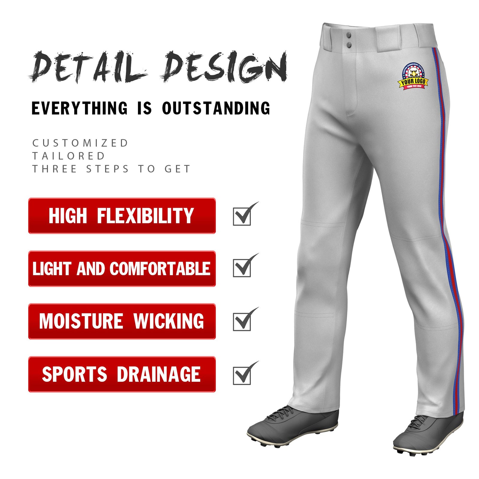 Custom Gray Royal Blue-Red-Royal Blue Classic Fit Stretch Practice Loose-fit Baseball Pants