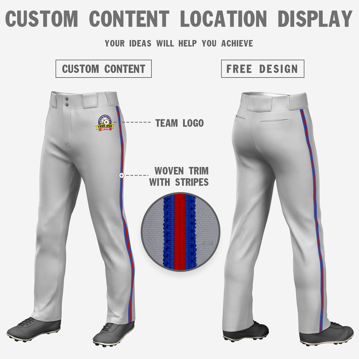 Custom Gray Royal Blue-Red-Royal Blue Classic Fit Stretch Practice Loose-fit Baseball Pants