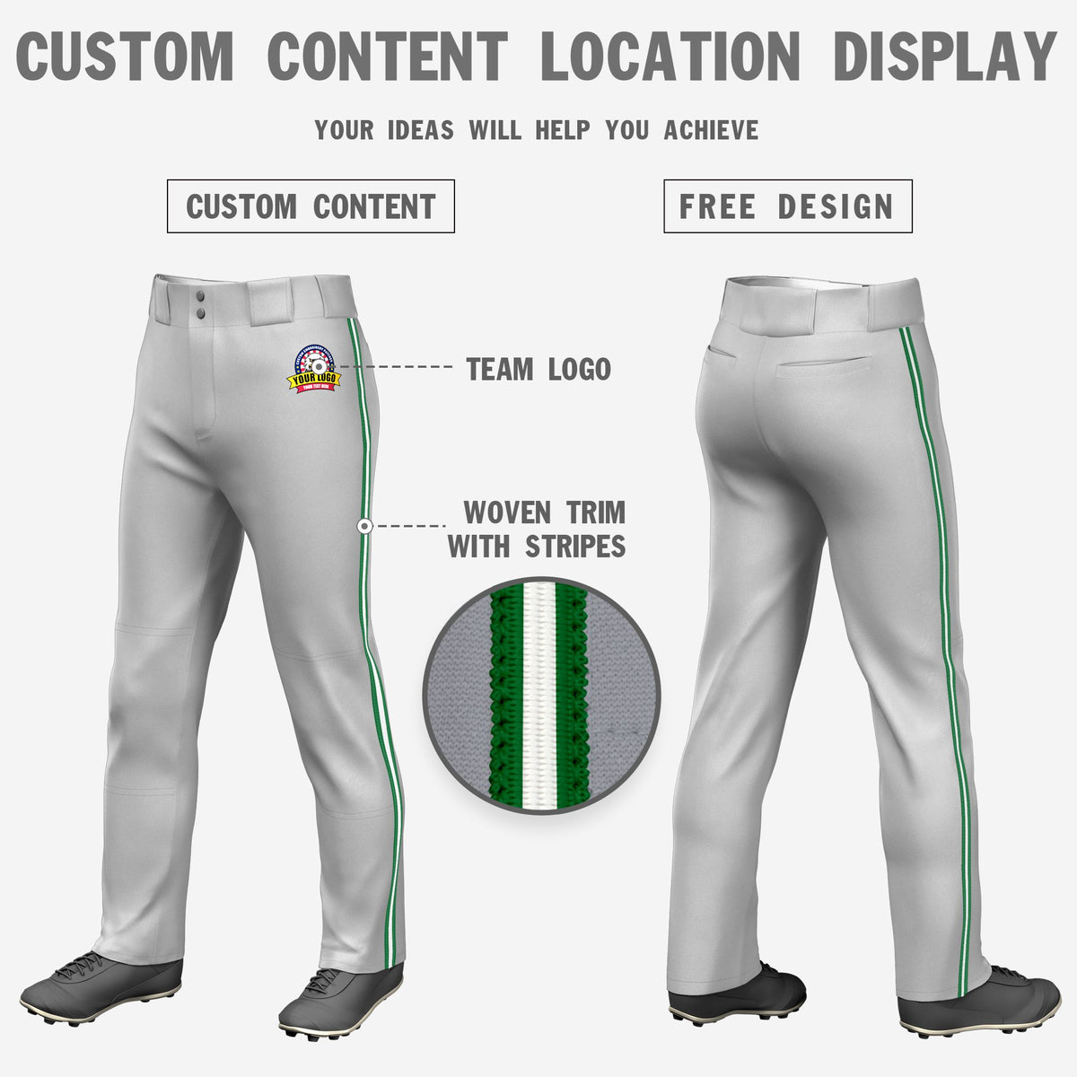 Custom Gray Kelly Green-White-Kelly Green Classic Fit Stretch Practice Loose-fit Baseball Pants