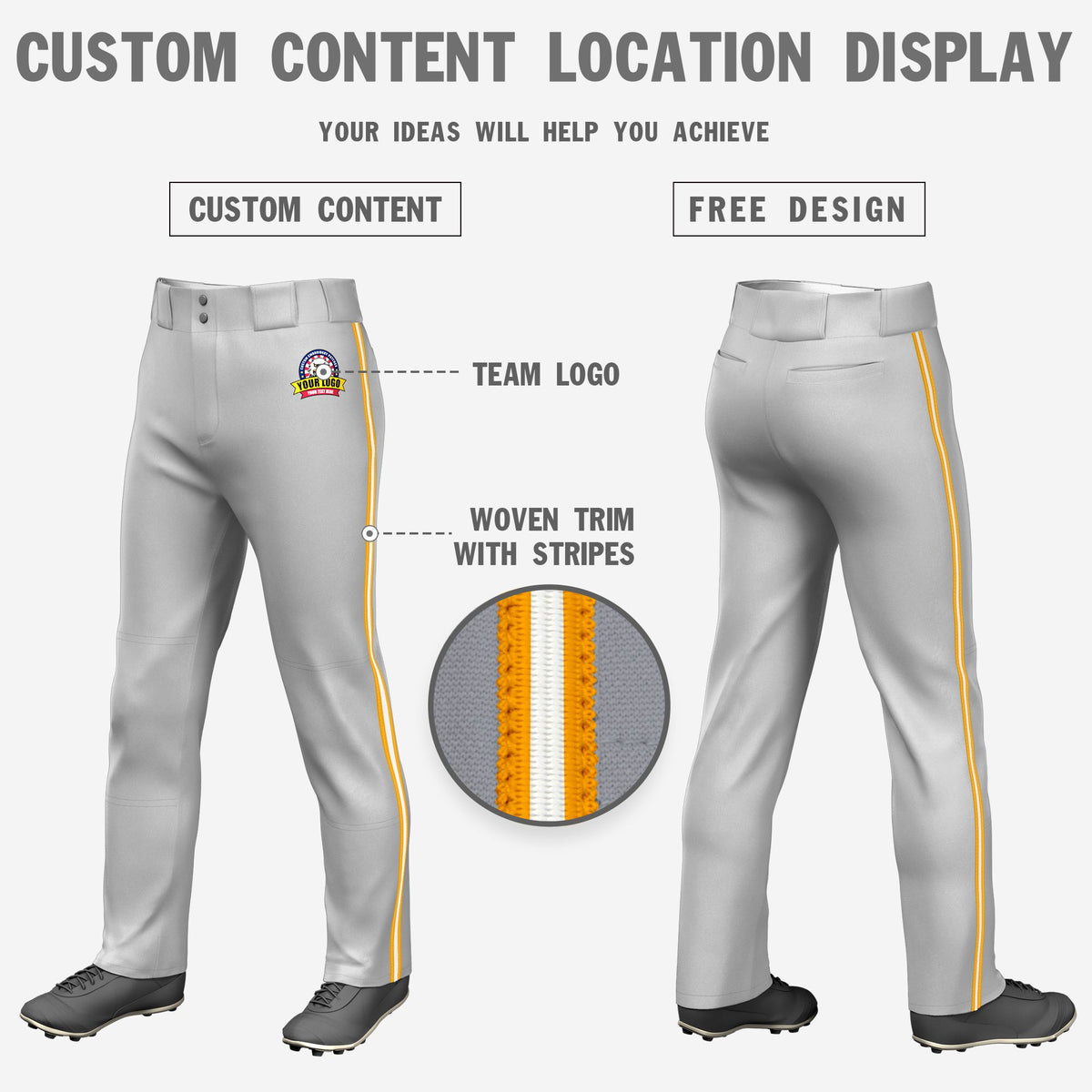 Custom Gray Yellow-White-Yellow Classic Fit Stretch Practice Loose-fit Baseball Pants