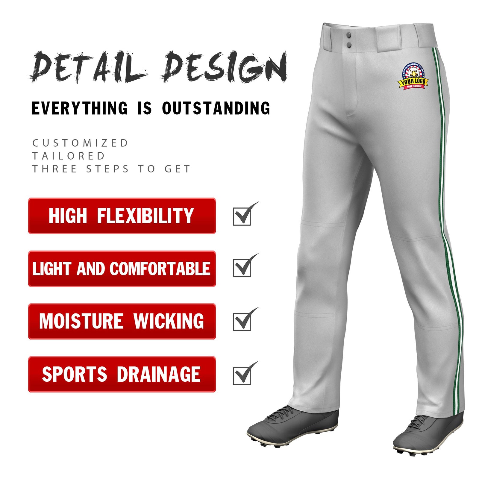 Custom Gray Green-White-Green Classic Fit Stretch Practice Loose-fit Baseball Pants