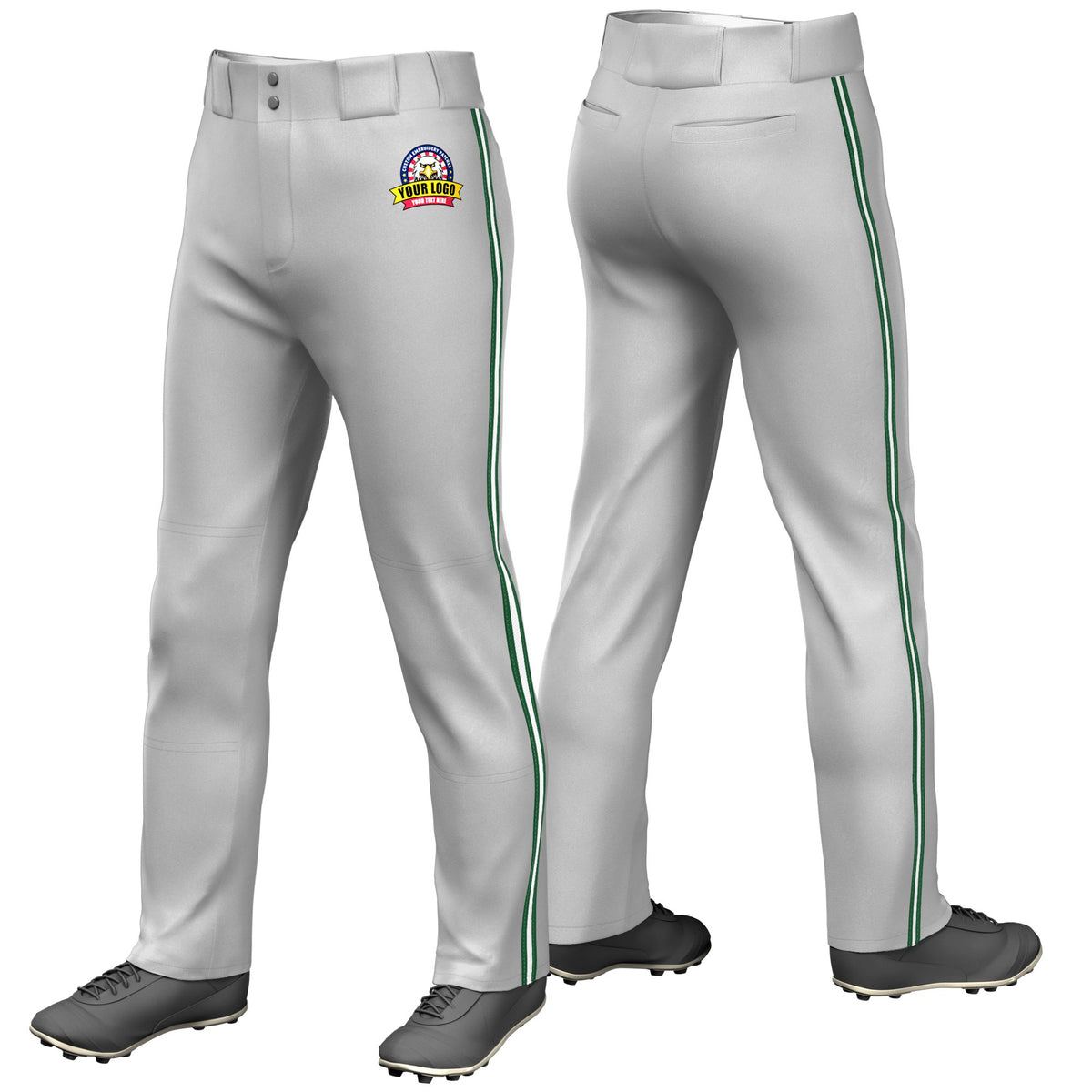 Custom Gray Green-White-Green Classic Fit Stretch Practice Loose-fit Baseball Pants