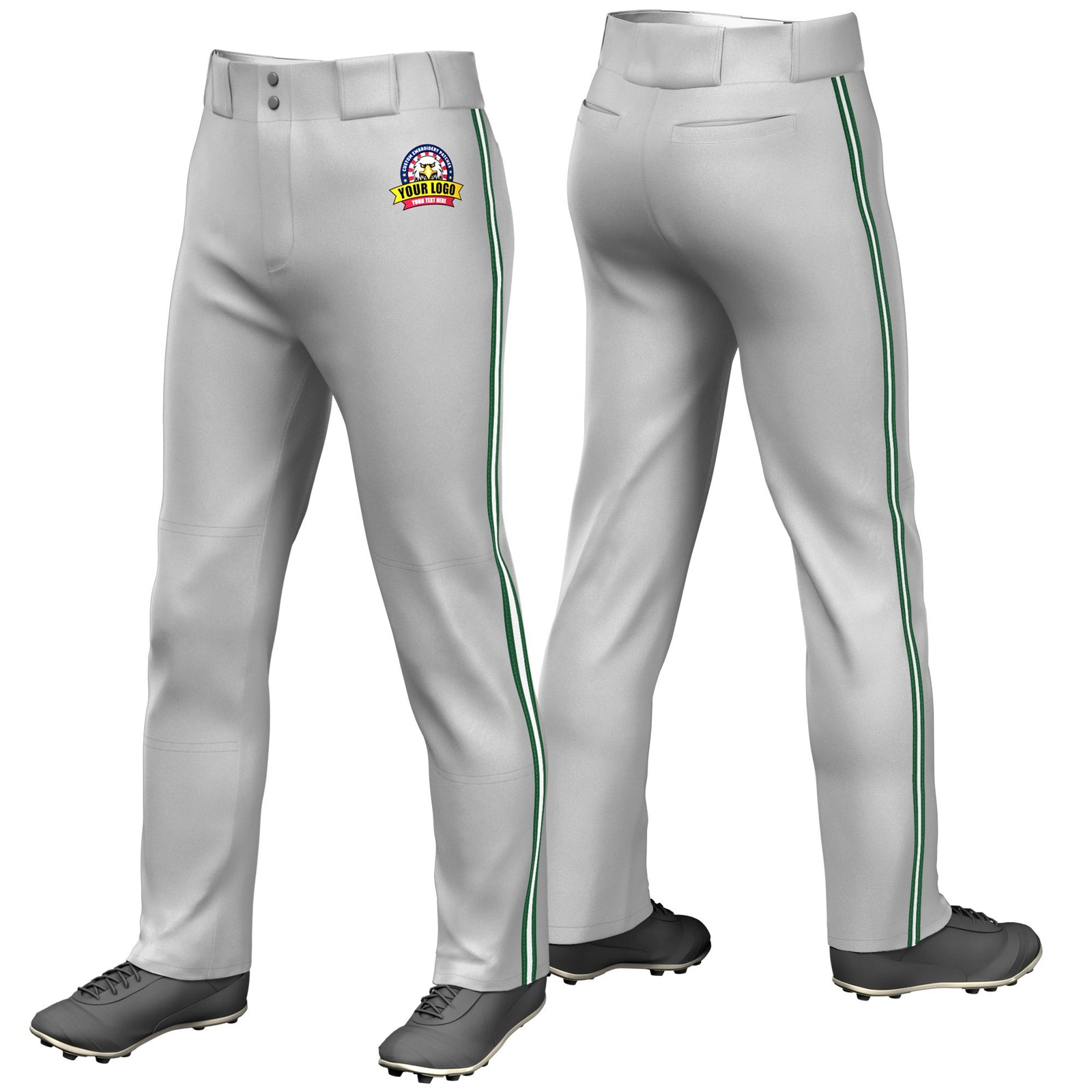 Custom Gray Green-White-Green Classic Fit Stretch Practice Loose-fit Baseball Pants