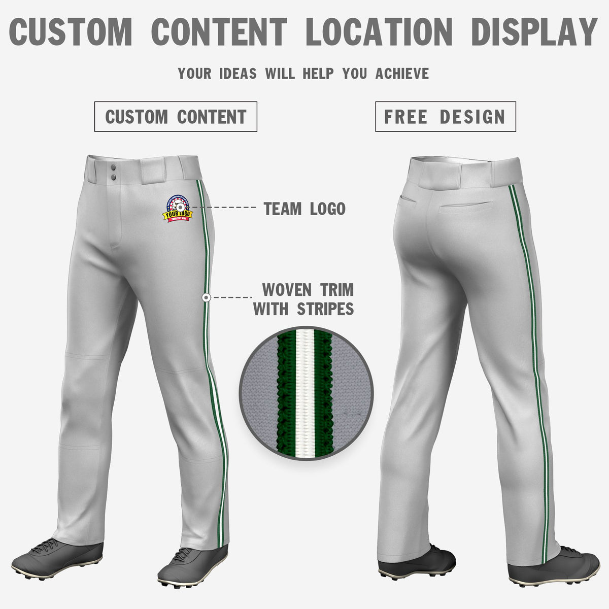 Custom Gray Green-White-Green Classic Fit Stretch Practice Loose-fit Baseball Pants