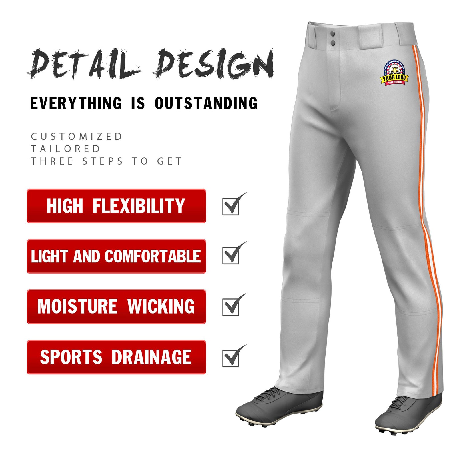 Custom Gray Orange-White-Orange Classic Fit Stretch Practice Loose-fit Baseball Pants