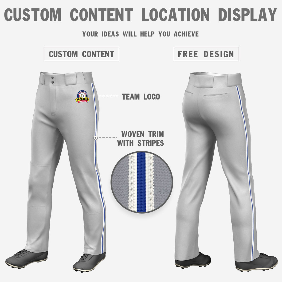 Custom Gray White-Royal Blue-White Classic Fit Stretch Practice Loose-fit Baseball Pants