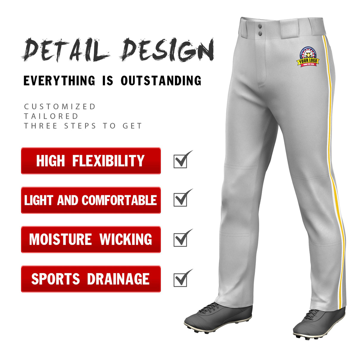 Custom Gray White-Gold01-White Classic Fit Stretch Practice Loose-fit Baseball Pants