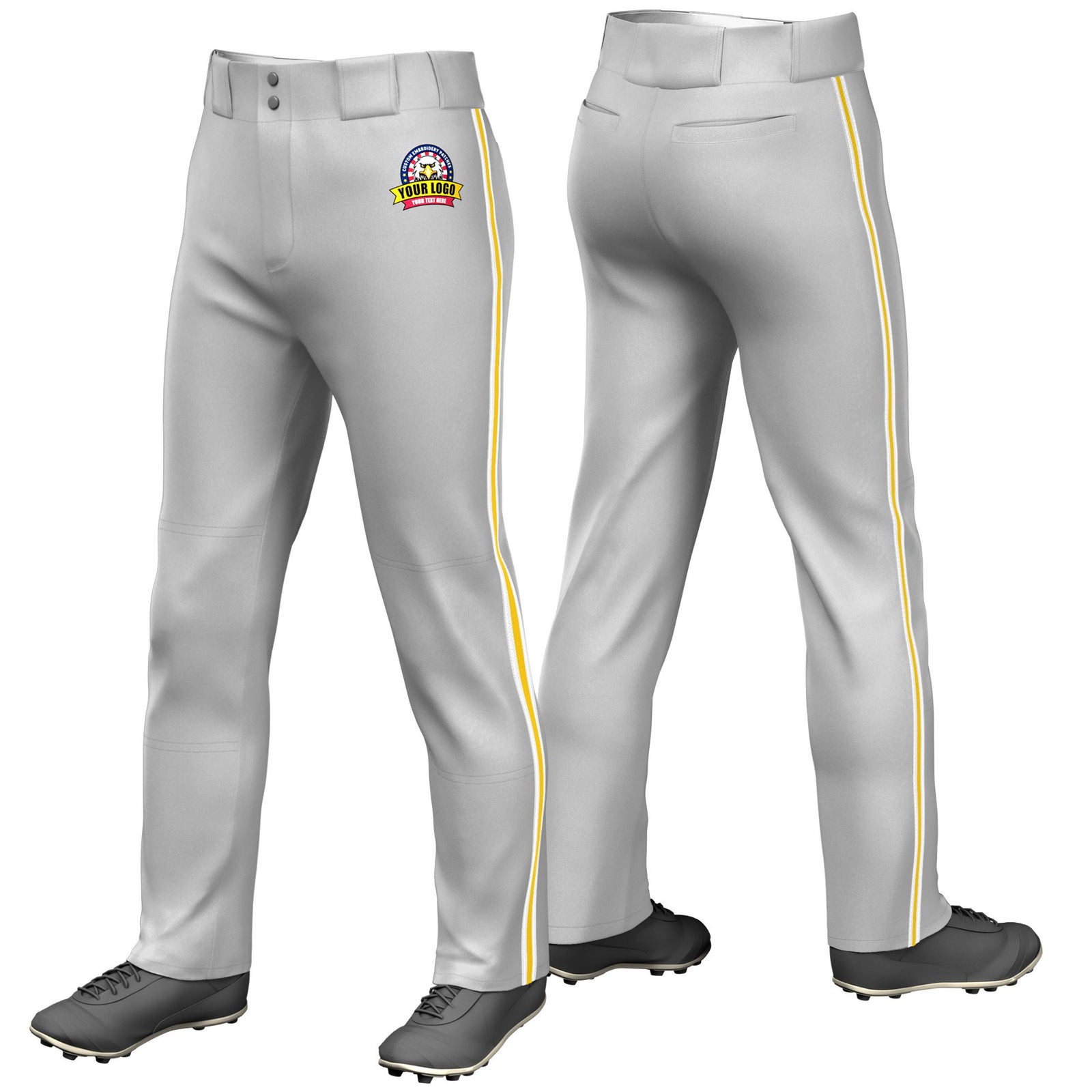 Custom Gray White-Gold01-White Classic Fit Stretch Practice Loose-fit Baseball Pants