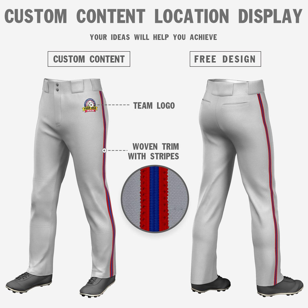 Custom Gray Red-Royal Blue-Red Classic Fit Stretch Practice Loose-fit Baseball Pants