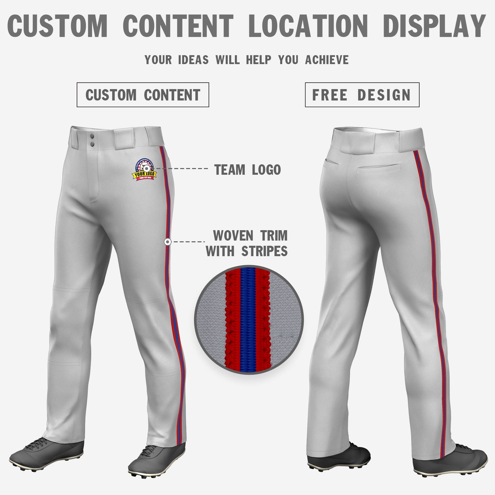 Custom Gray Red-Royal Blue-Red Classic Fit Stretch Practice Loose-fit Baseball Pants
