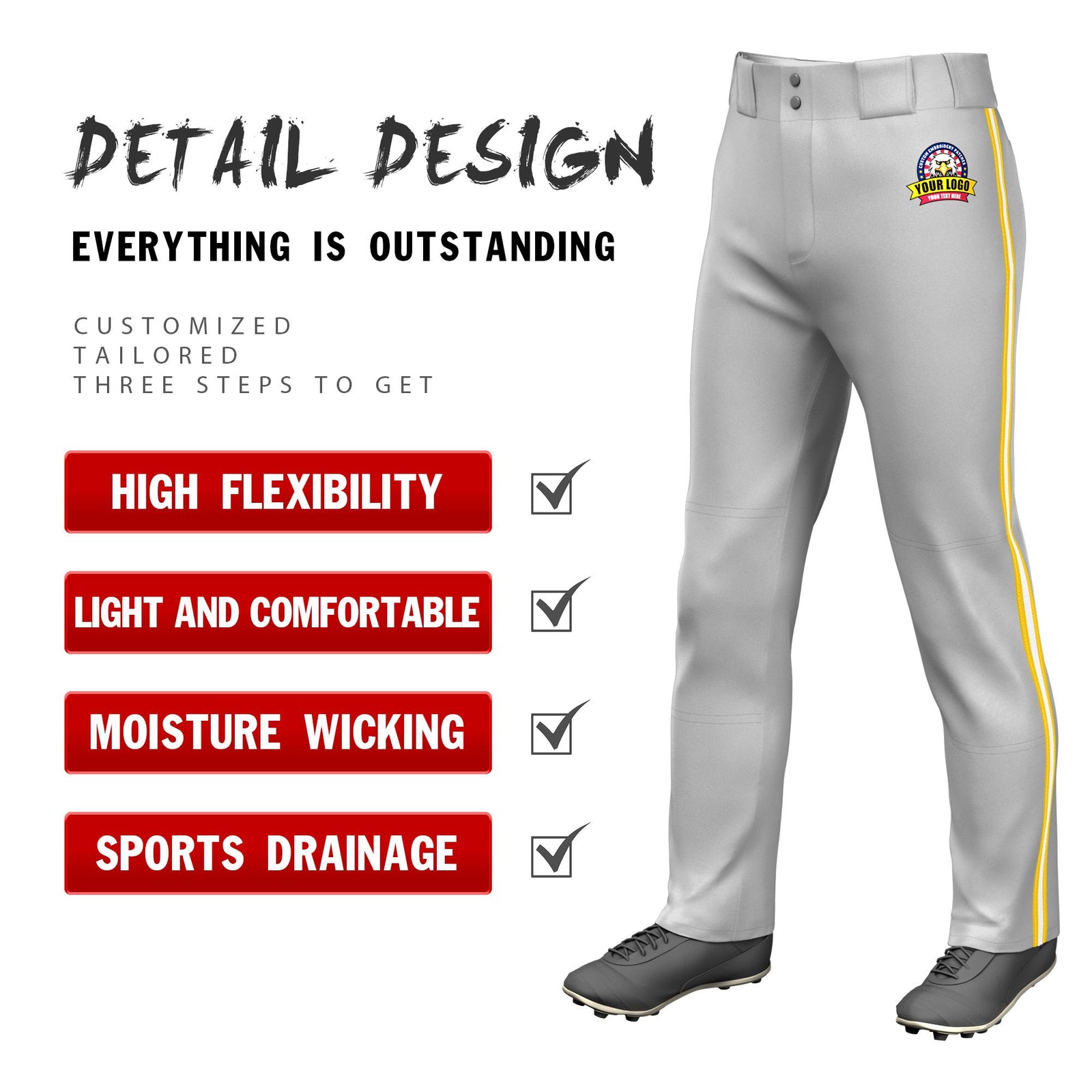 Custom Gray Gold01-White-Gold01 Classic Fit Stretch Practice Loose-fit Baseball Pants