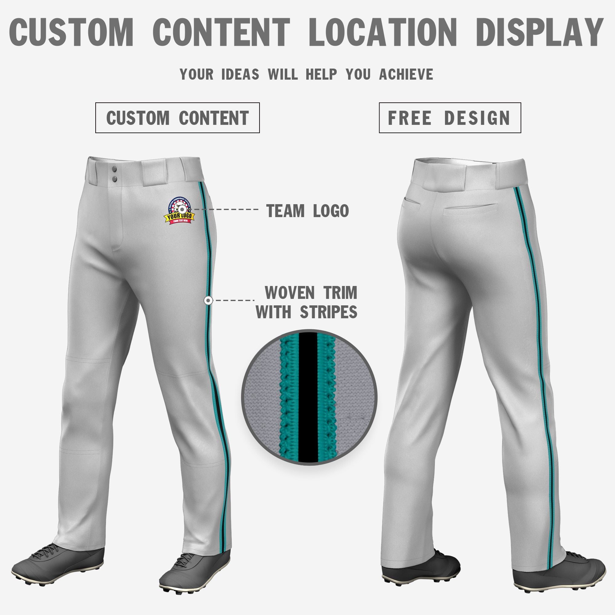 Custom Gray Aqua-Black-Aqua Classic Fit Stretch Practice Loose-fit Baseball Pants