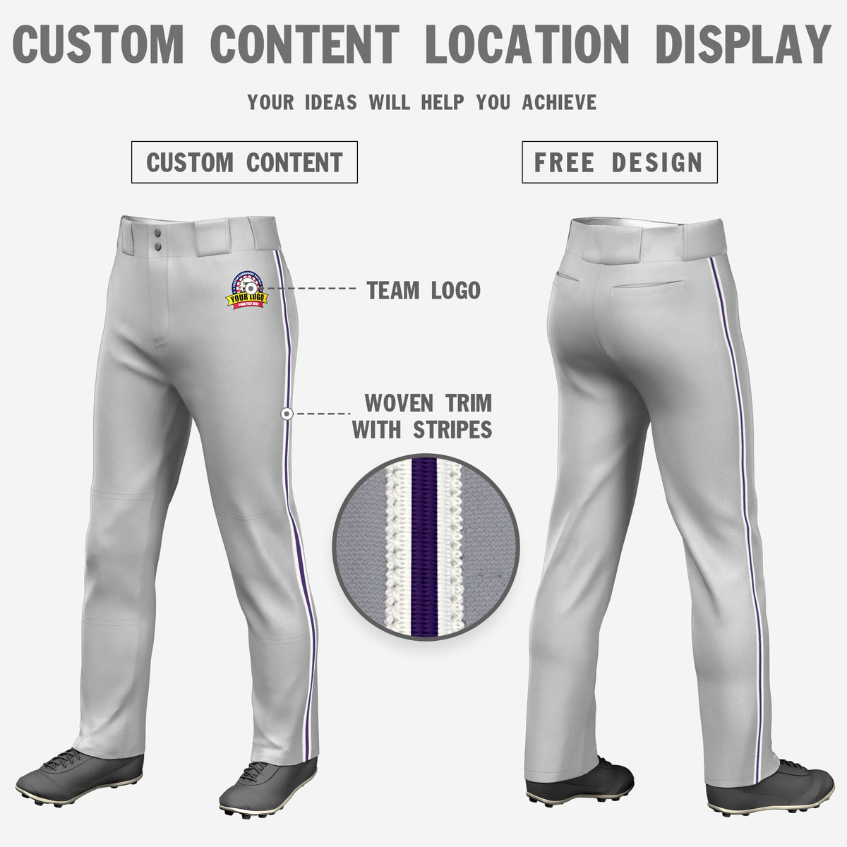 Custom Gray White-Purple-White Classic Fit Stretch Practice Loose-fit Baseball Pants
