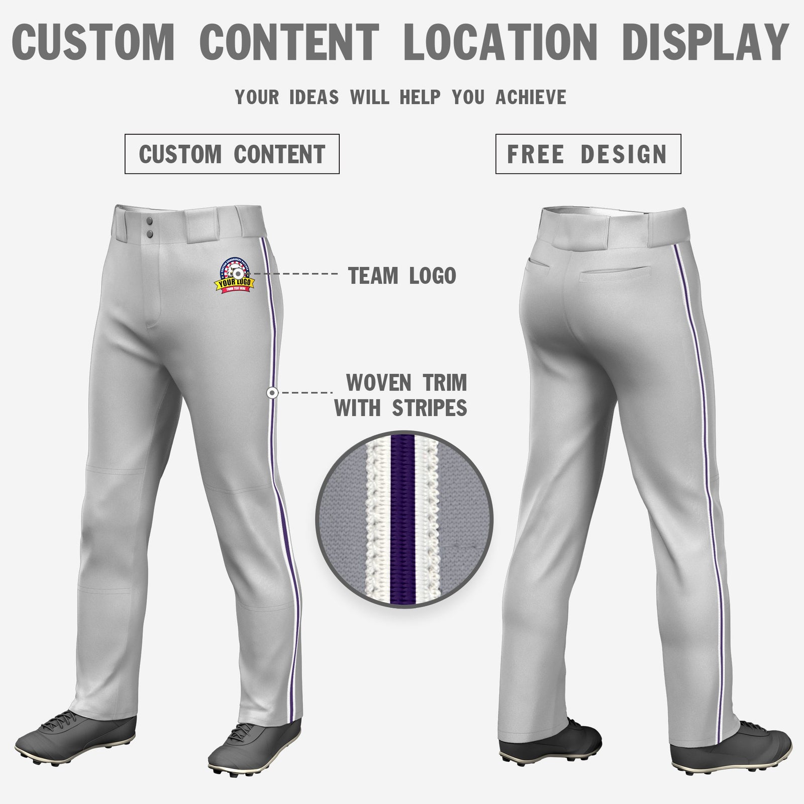 Custom Gray White-Purple-White Classic Fit Stretch Practice Loose-fit Baseball Pants