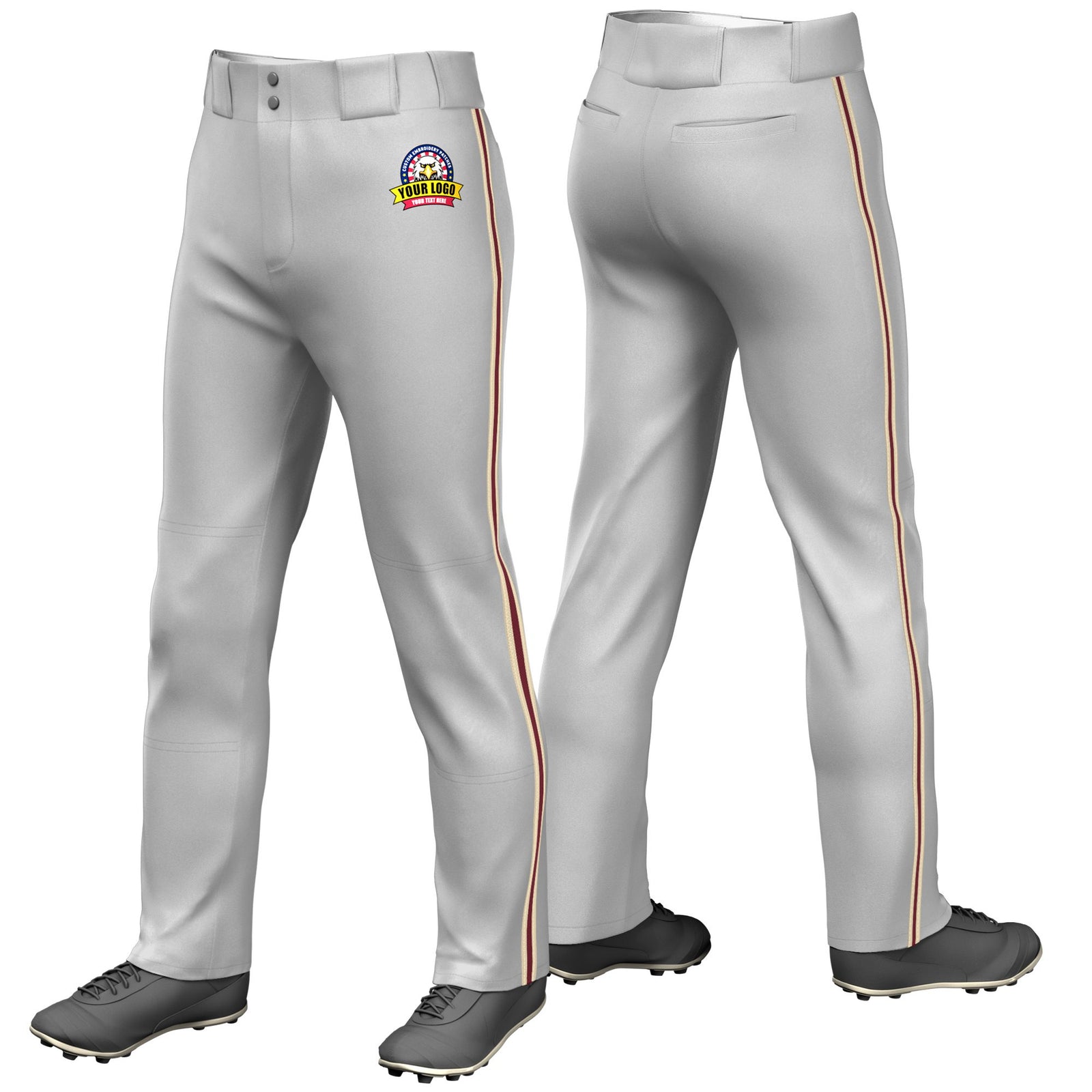 Custom Gray Khaki-Crimson-Khaki Classic Fit Stretch Practice Loose-fit Baseball Pants