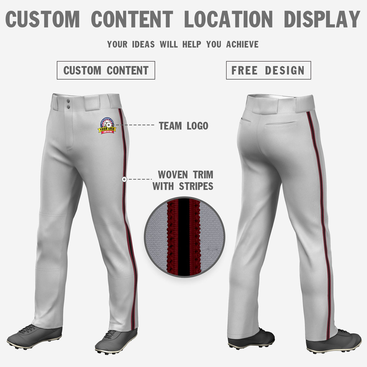 Custom Gray Crimson-Black-Crimson Classic Fit Stretch Practice Loose-fit Baseball Pants