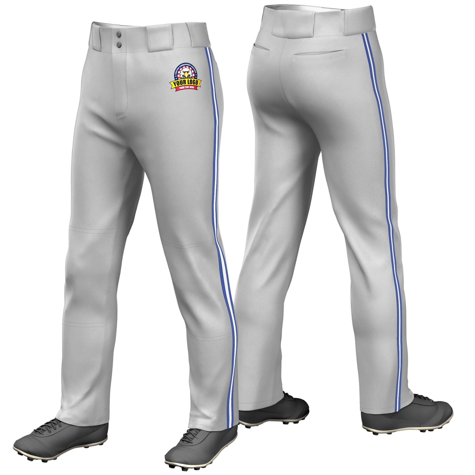 Custom Gray Royal Blue-White-Royal Blue Classic Fit Stretch Practice Loose-fit Baseball Pants
