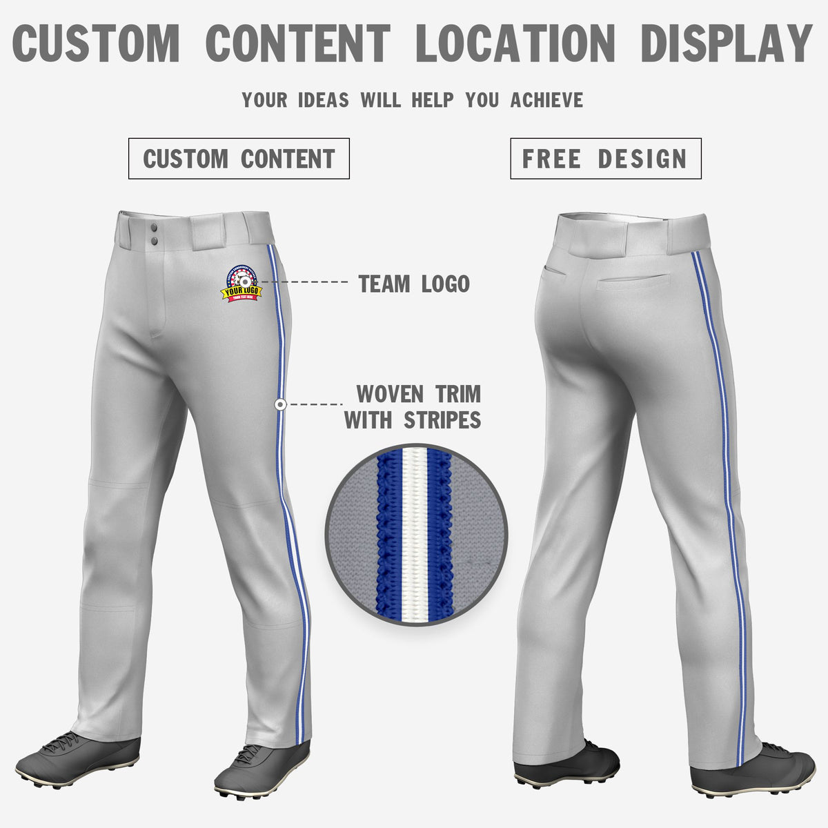Custom Gray Royal Blue-White-Royal Blue Classic Fit Stretch Practice Loose-fit Baseball Pants
