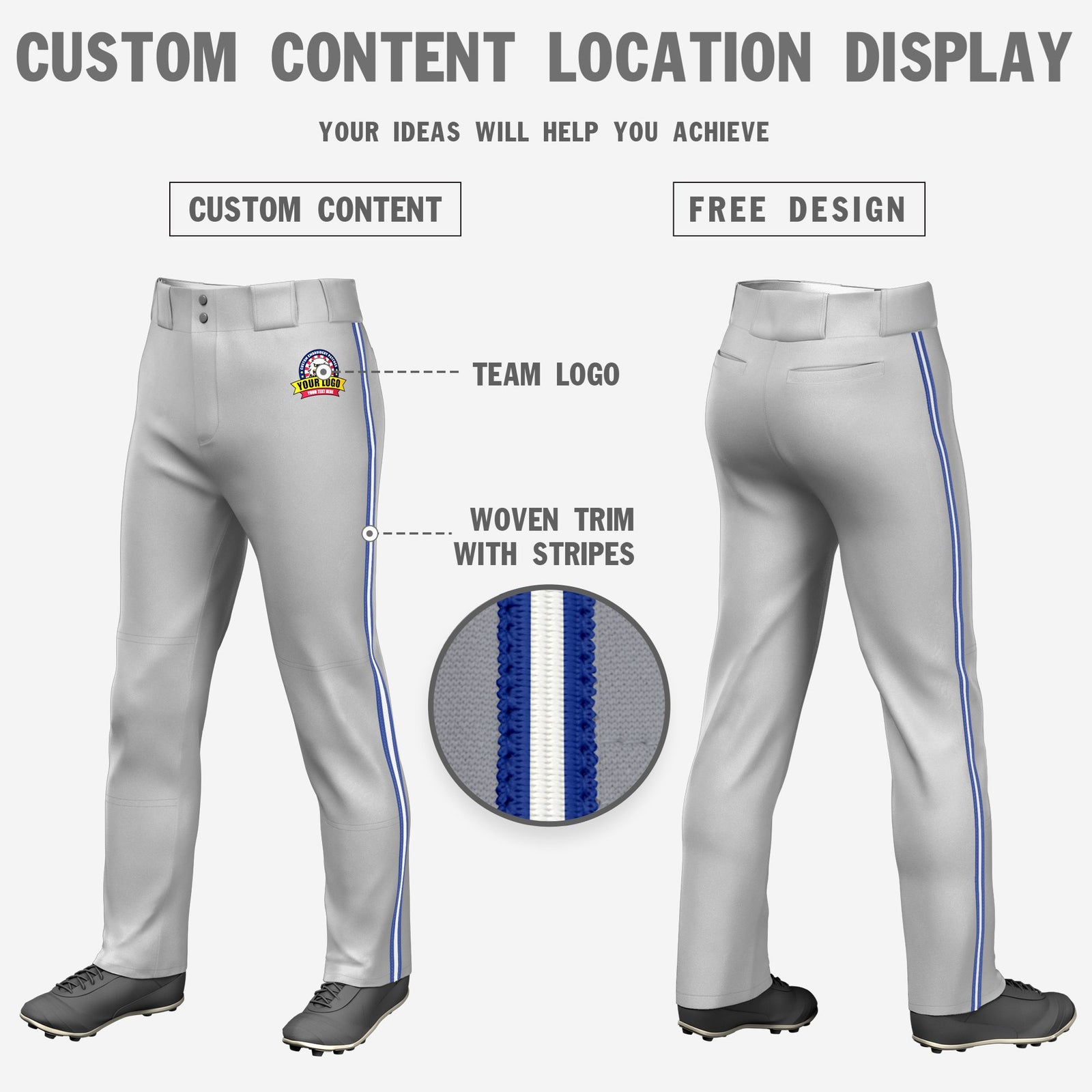 Custom Gray Royal Blue-White-Royal Blue Classic Fit Stretch Practice Loose-fit Baseball Pants