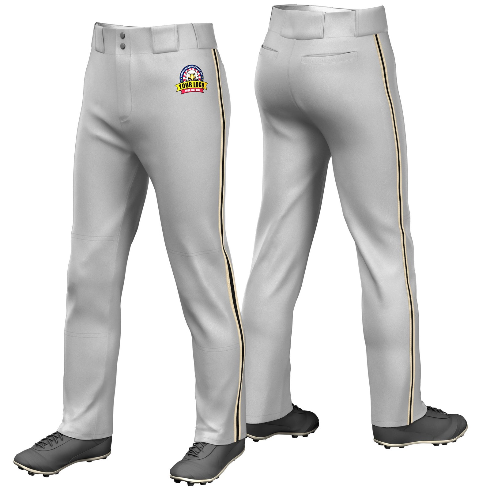 Custom Gray Khaki-Black-Khaki Classic Fit Stretch Practice Loose-fit Baseball Pants
