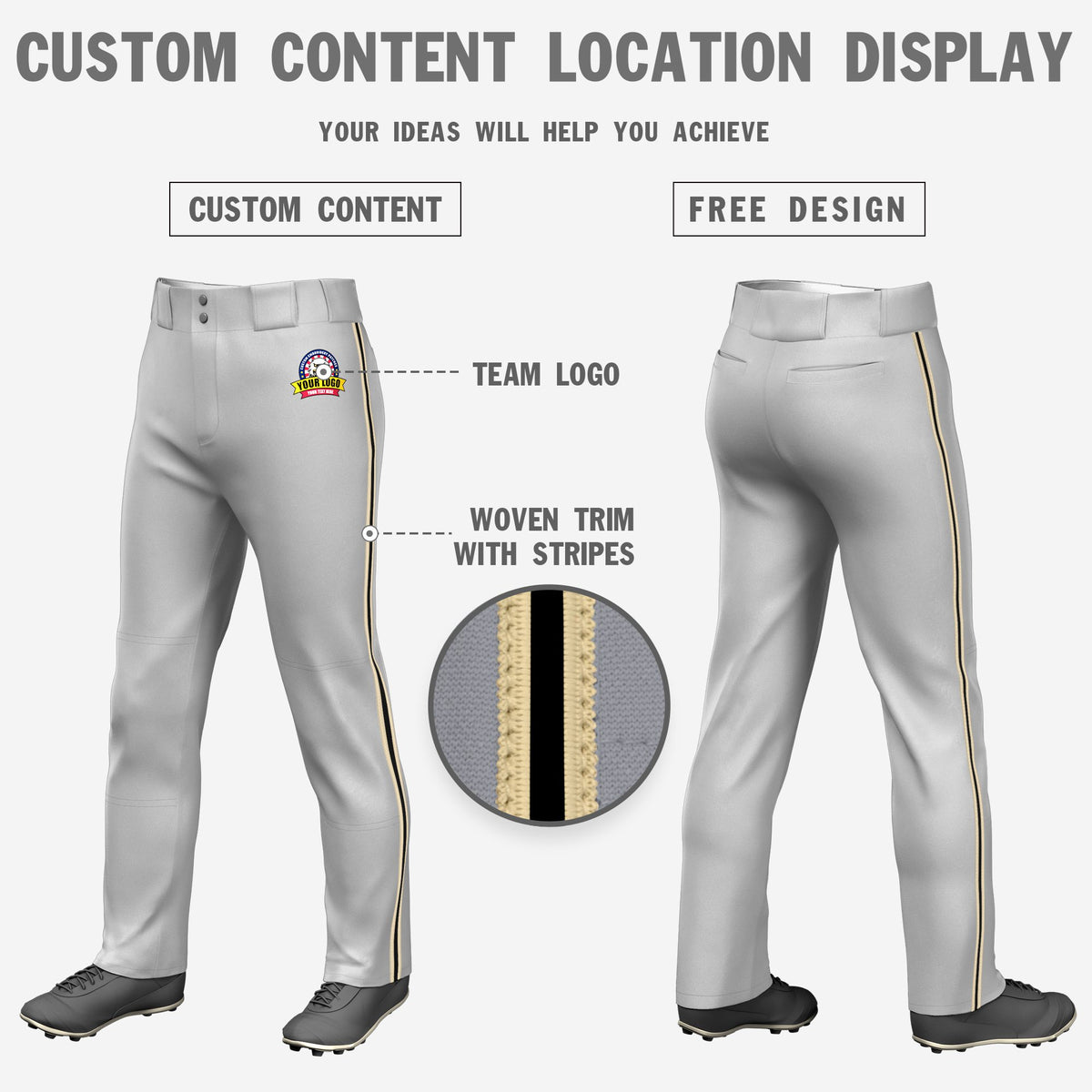Custom Gray Khaki-Black-Khaki Classic Fit Stretch Practice Loose-fit Baseball Pants