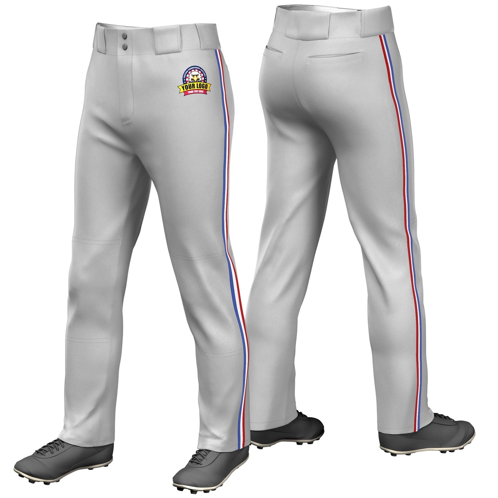 Custom Gray Royal Blue-White-Red Classic Fit Stretch Practice Loose-fit Baseball Pants