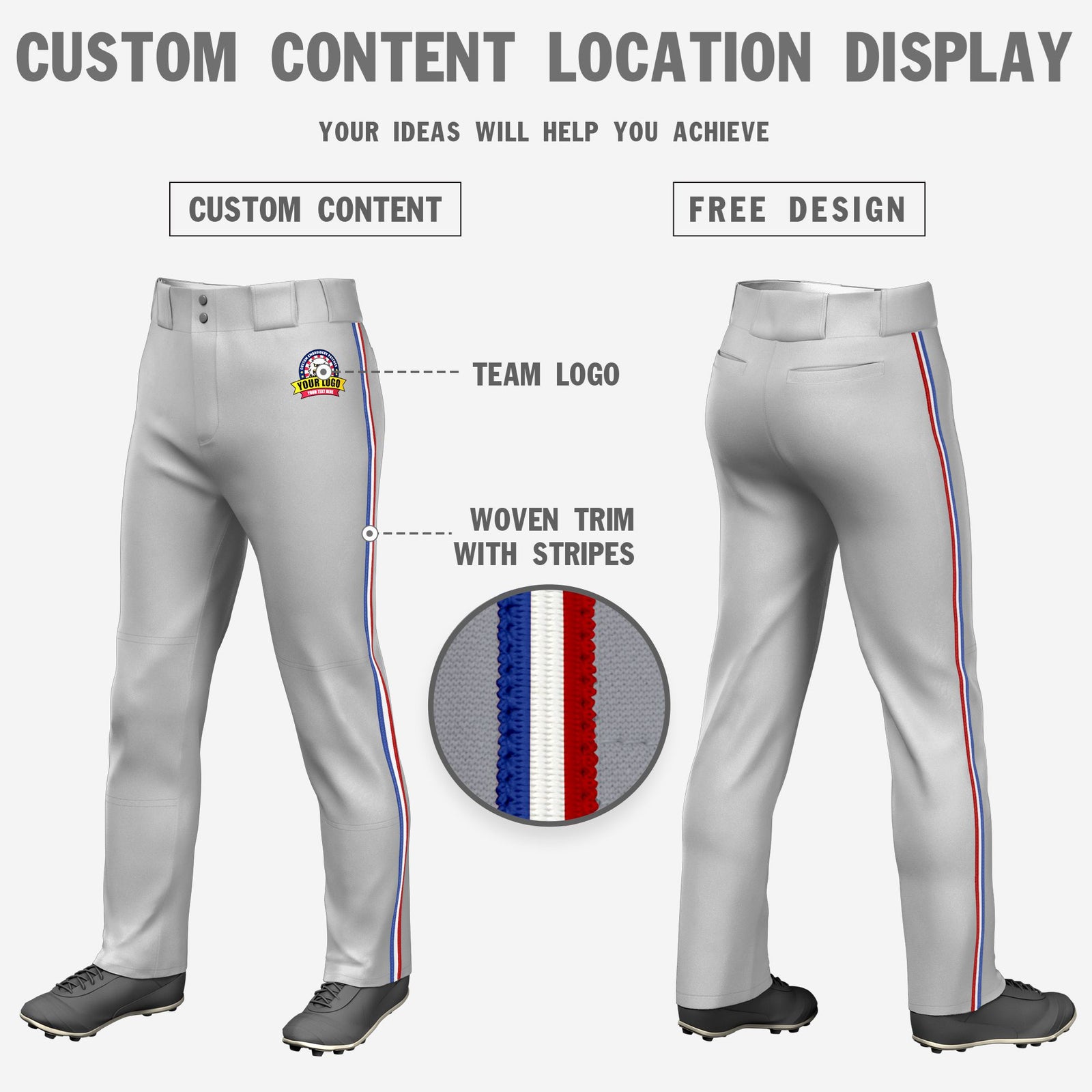 Custom Gray Royal Blue-White-Red Classic Fit Stretch Practice Loose-fit Baseball Pants