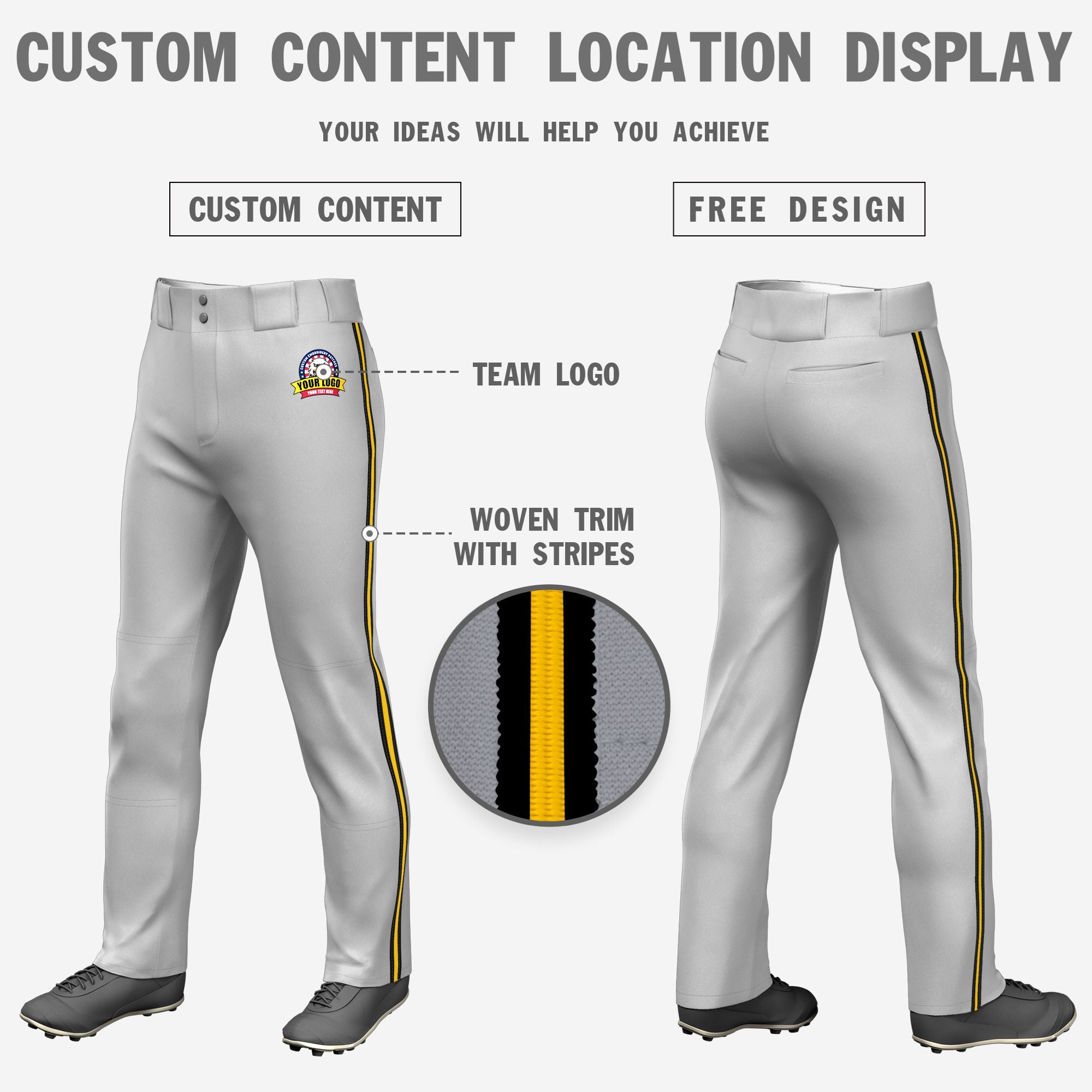 Custom Gray Black-Gold01-Black Classic Fit Stretch Practice Loose-fit Baseball Pants