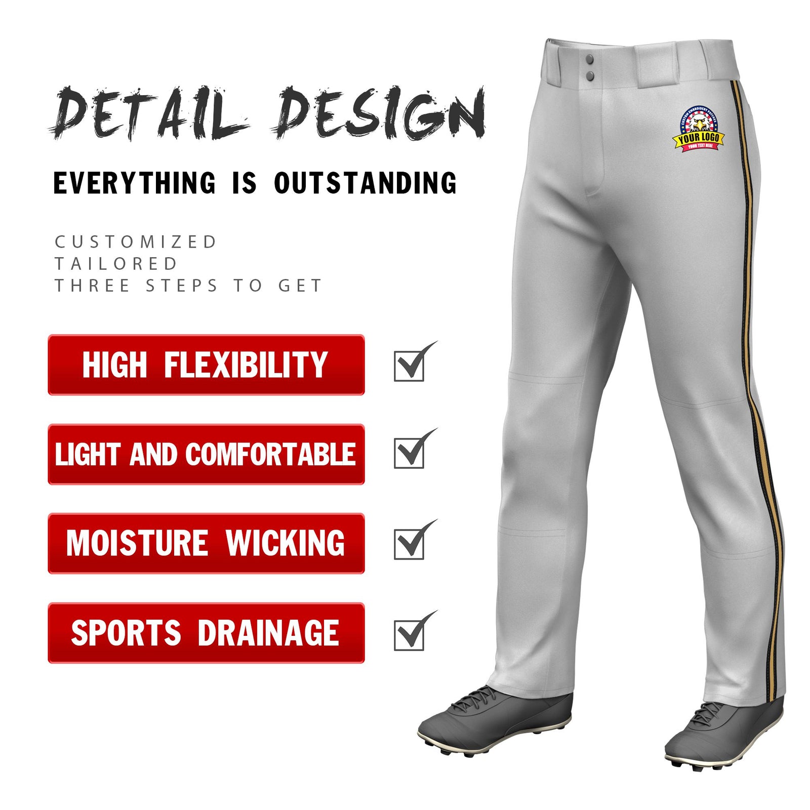 Custom Gray Black-Old Gold-Black Classic Fit Stretch Practice Loose-fit Baseball Pants