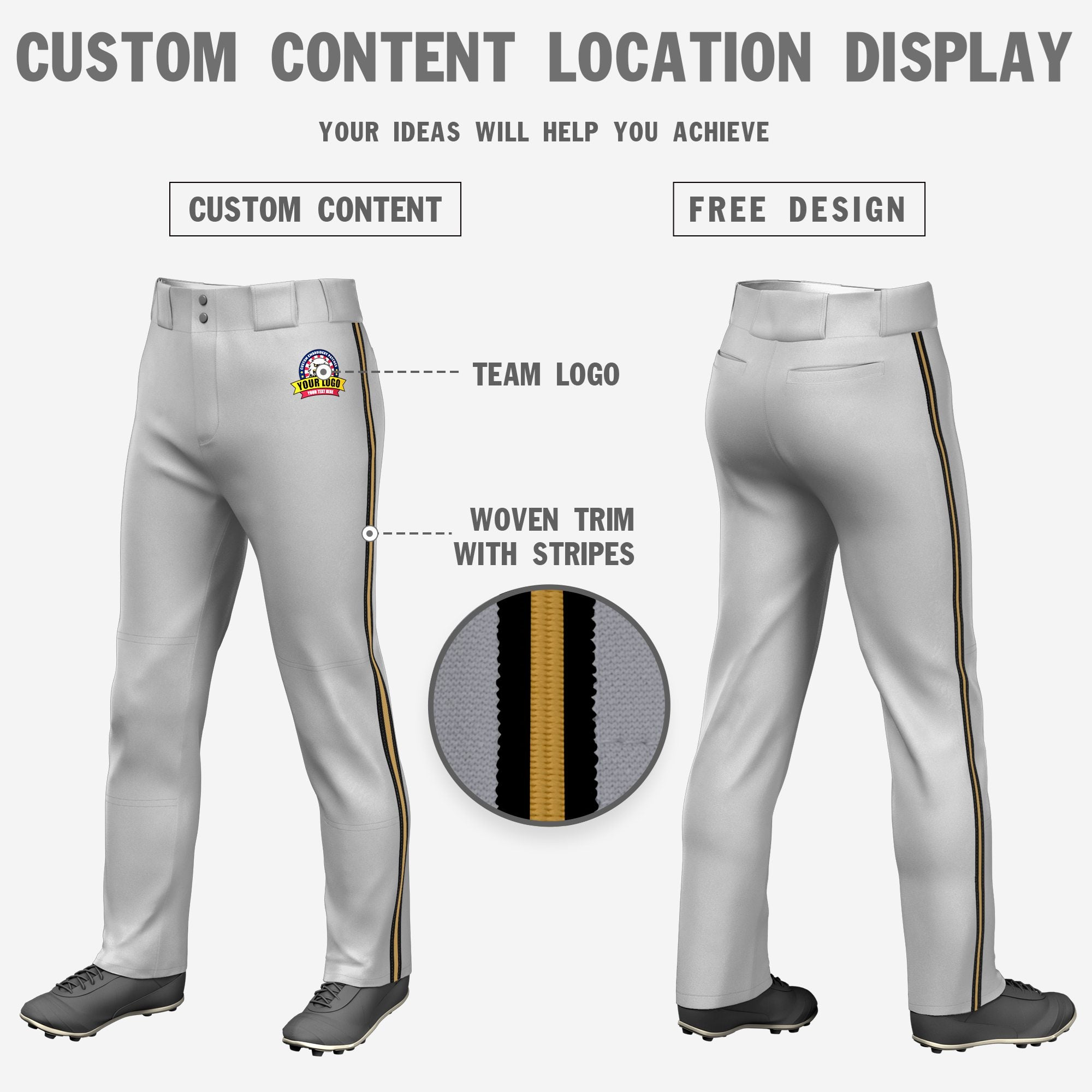 Custom Gray Black-Old Gold-Black Classic Fit Stretch Practice Loose-fit Baseball Pants