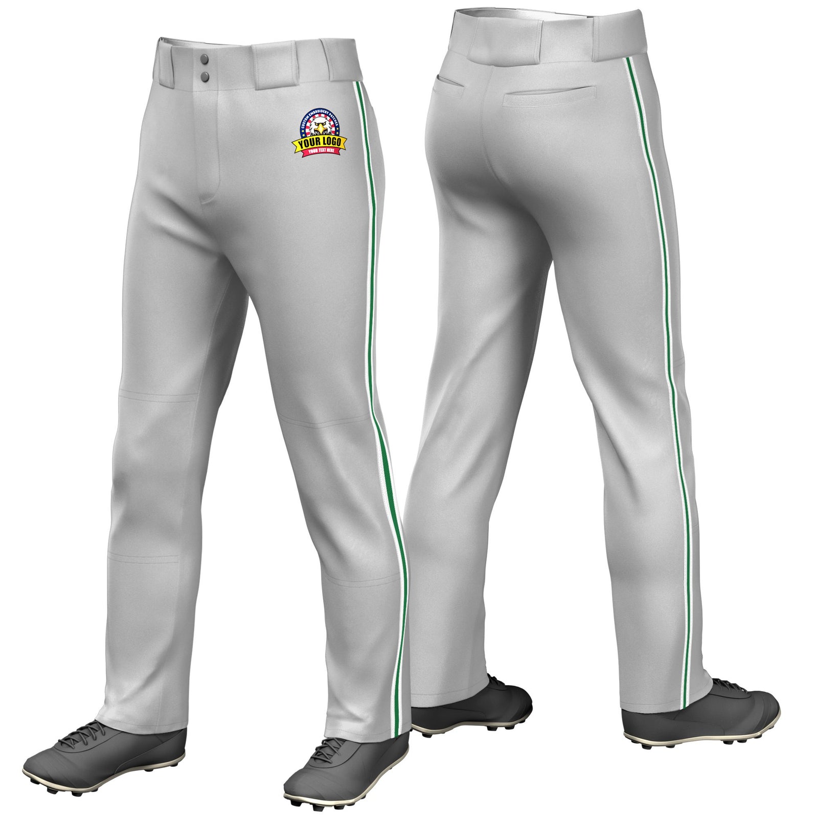 Custom Gray White-Kelly Green-White Classic Fit Stretch Practice Loose-fit Baseball Pants