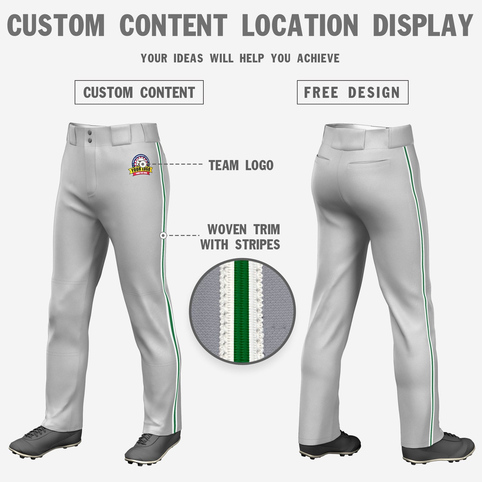 Custom Gray White-Kelly Green-White Classic Fit Stretch Practice Loose-fit Baseball Pants