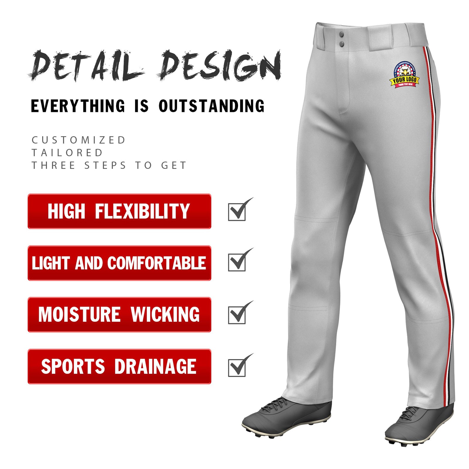 Custom Gray Red-White-Black Classic Fit Stretch Practice Loose-fit Baseball Pants