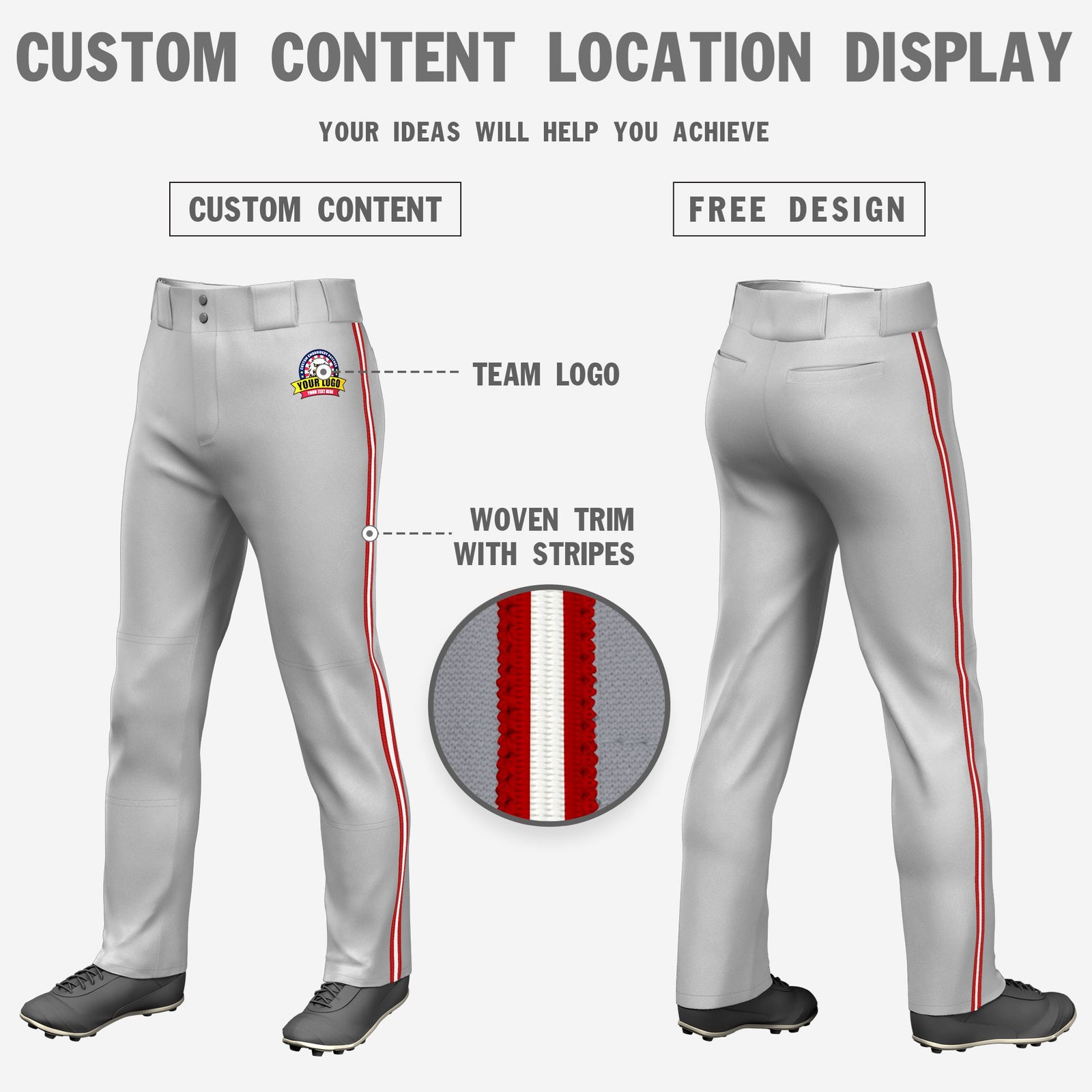 Custom Gray Red-White-Red Classic Fit Stretch Practice Loose-fit Baseball Pants