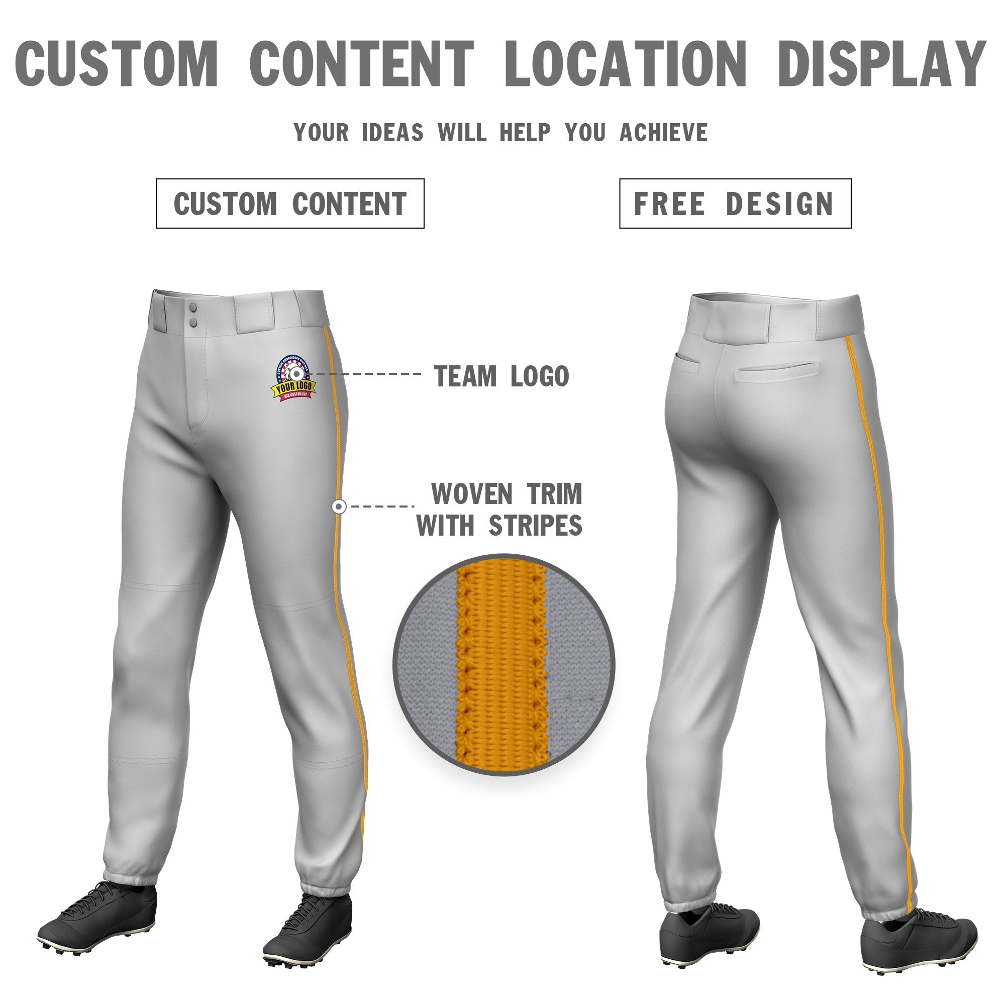 Custom Gray Old Gold Classic Fit Stretch Practice Pull-up Baseball Pants