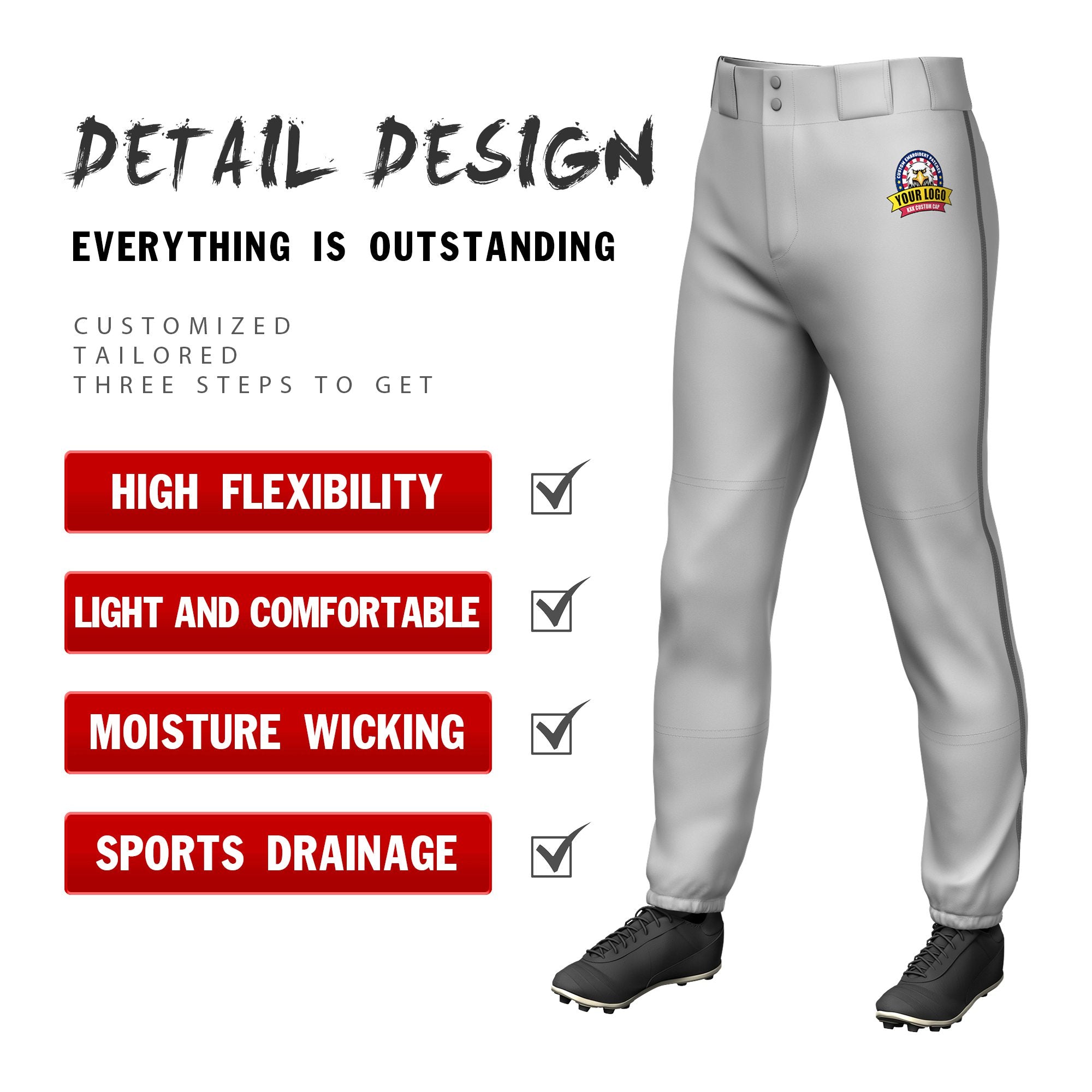 Custom Gray Drak Gray Classic Fit Stretch Practice Pull-up Baseball Pants