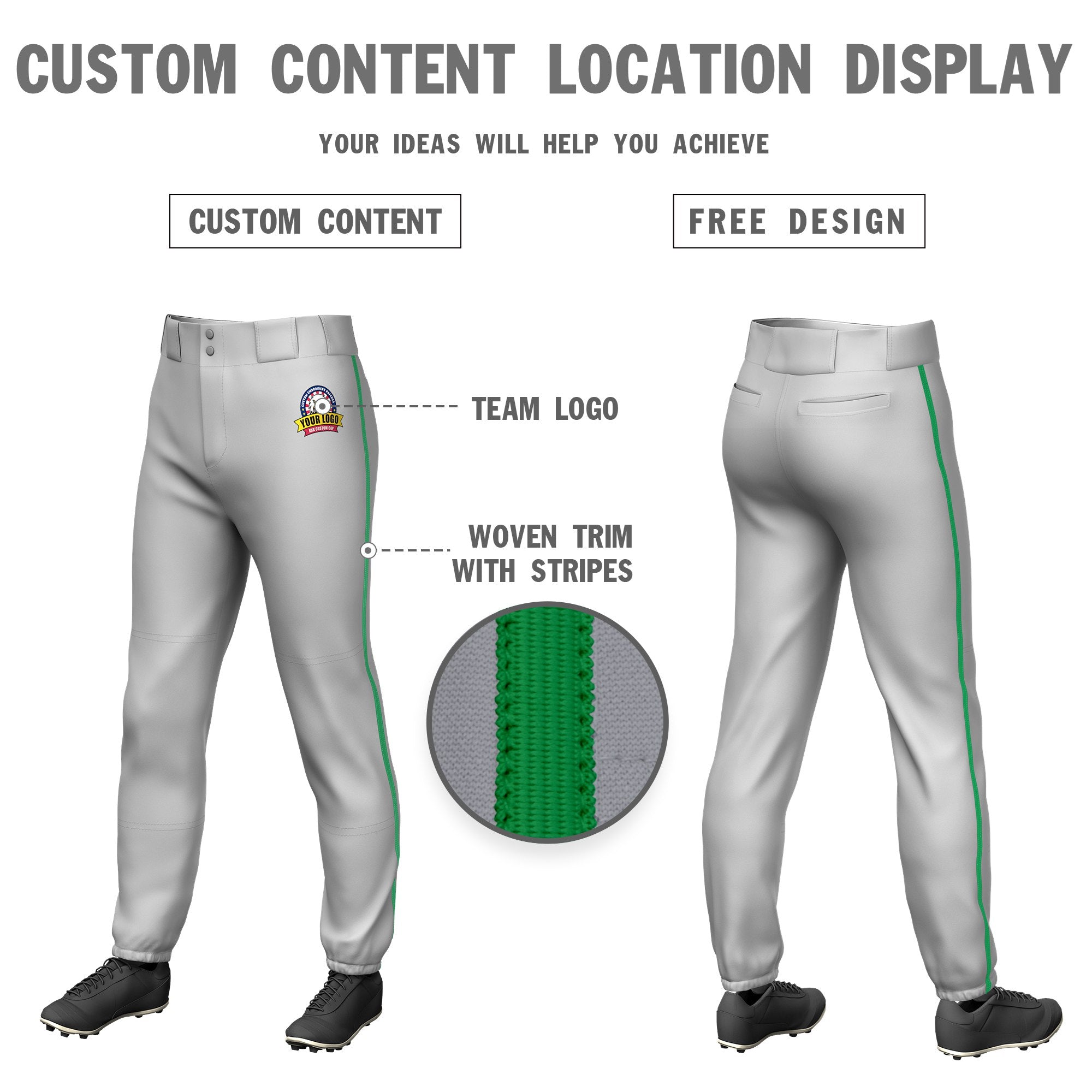 Custom Gray Kelly Green Classic Fit Stretch Practice Pull-up Baseball Pants